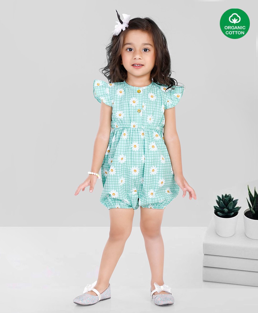 Nino Bambino Organic Cotton Half Sleeves Floral Printed Jumpsuit - Green-picture-17