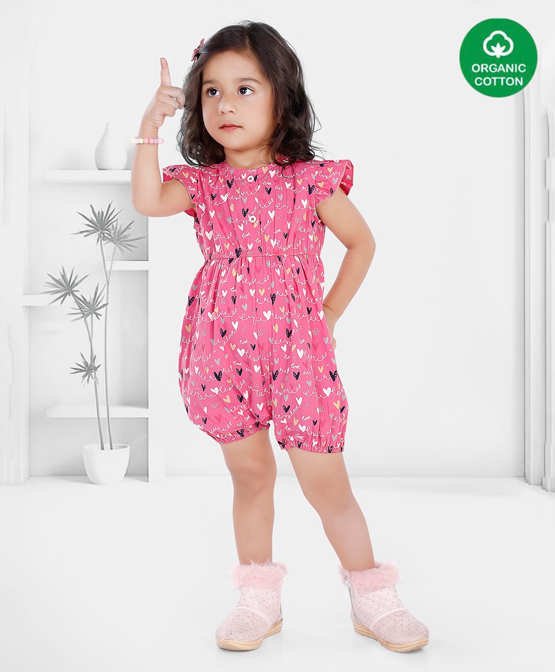 Nino Bambino Organic Cotton Half Sleeves Heart Printed Jumpsuit - Pink-image-7