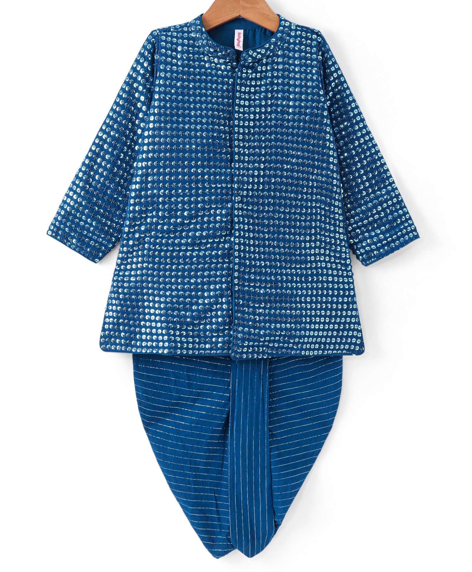 Babyhug Full Sleeves Sequined  Embroidered Kurta with Lurex  Dhoti Set - Teal Blue-picture-14