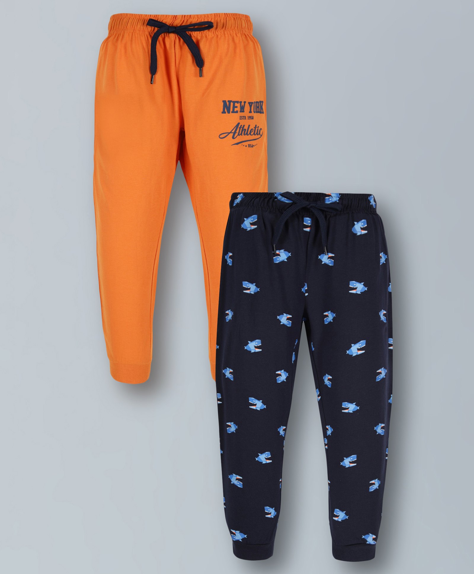 Plum Tree Pack Of 2 Sharks & New York Text Printed Joggers - Navy Blue & Orange-picture-11