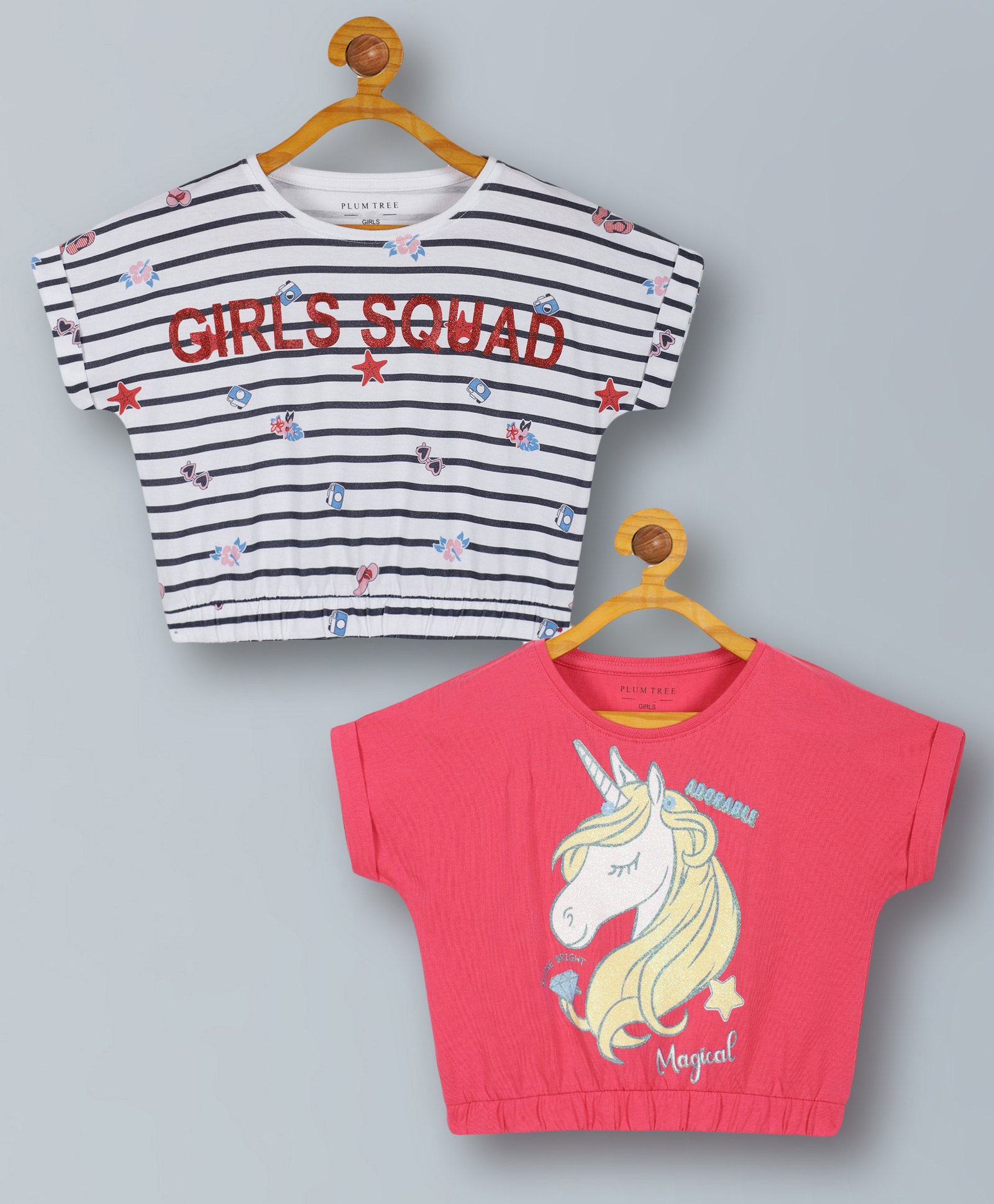 Plum Tree Pack Of 2 Half Sleeves Striped & Unicorn Printed Cotton CropTops - Pink & Off White-picture-26