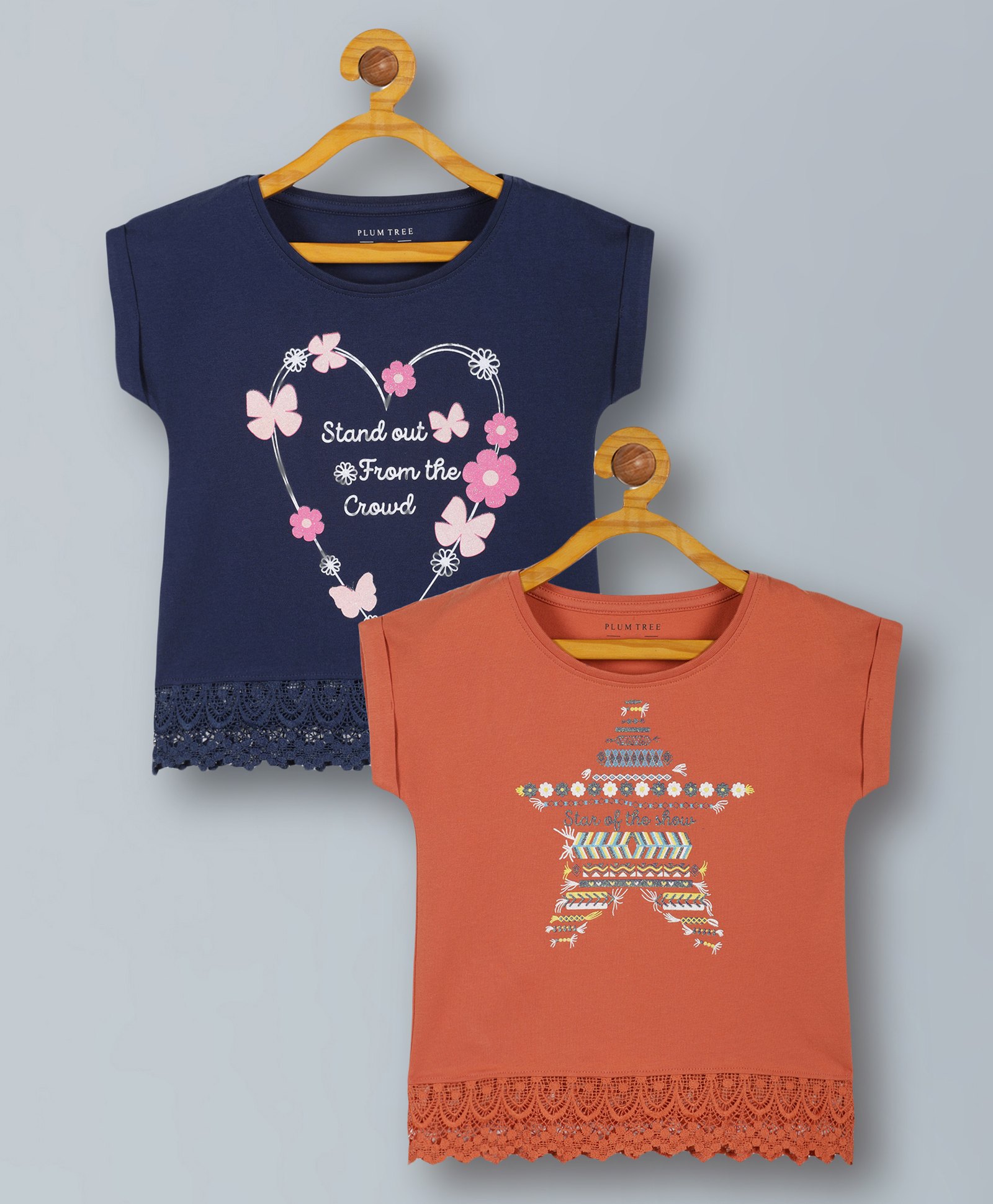 Plum Tree Pack Of 2 Half Sleeves Heart & Star Printed Cotton Tops - Blue And Orange-picture-43