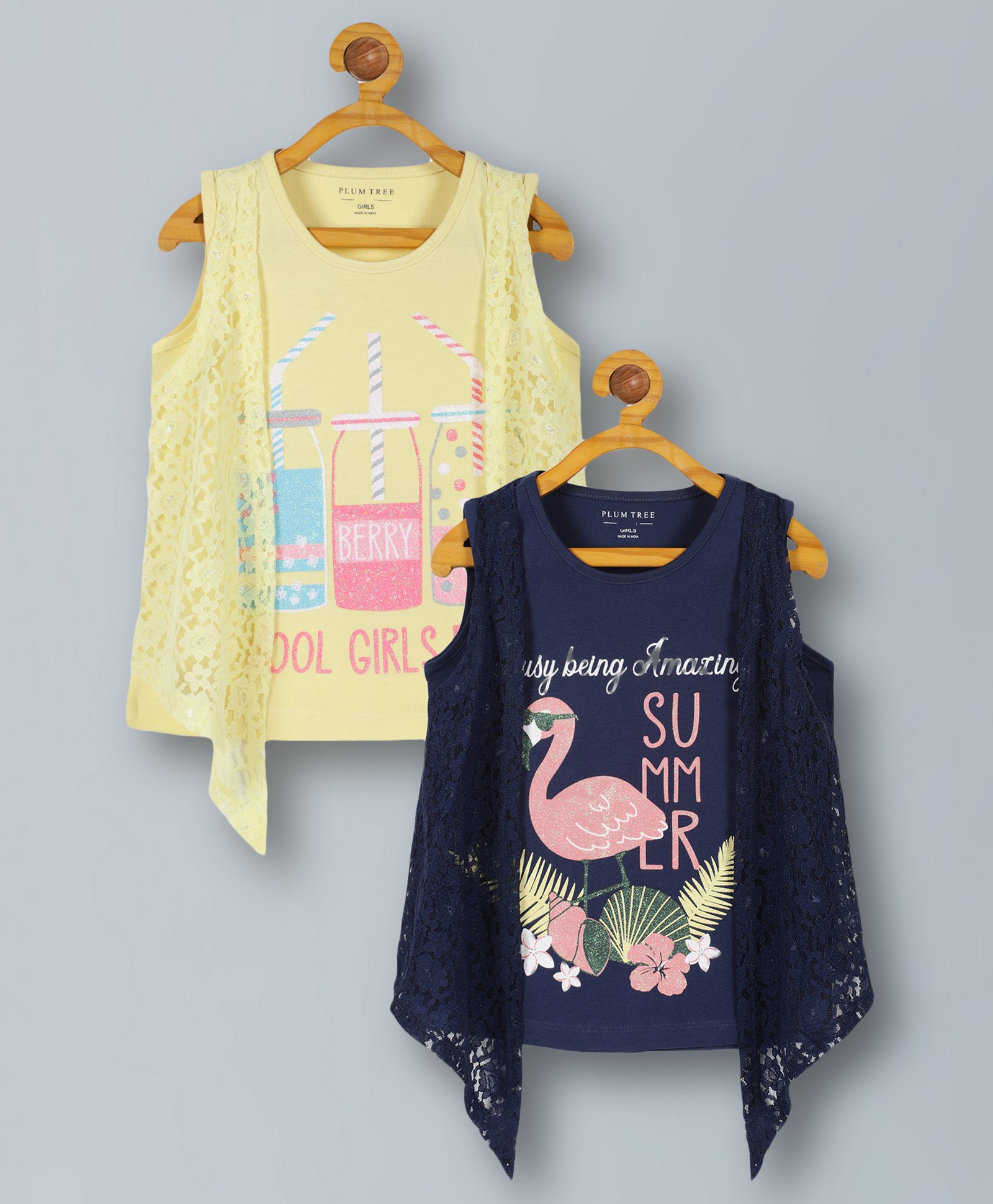 Plum Tree Pack Of 2 SleevelessFlamingo & BottlePrinted Cotton Tops With Attached Shrug - Yellow And Blue-picture-13