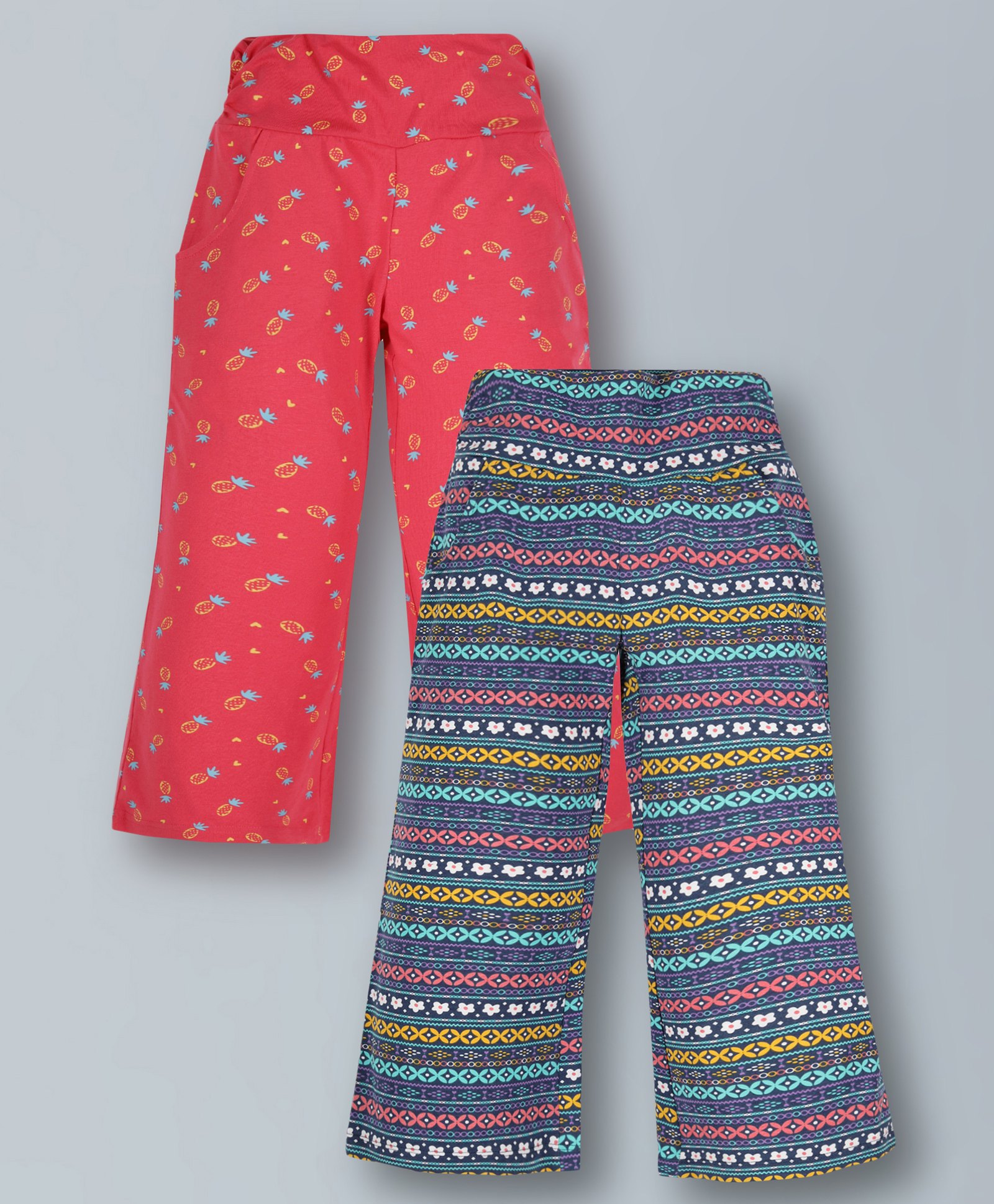 Plum Tree Pack Of 2  Striped & Pineapple  Printed Cotton Flared Palazzos  -  Navy Blue And Pink-picture-26