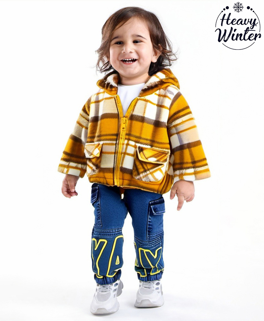 Babyoye Cotton Knit Full Raglan Sleeves Hooded Front Open Sweatjacket with Checks Design - Mustard-image-37