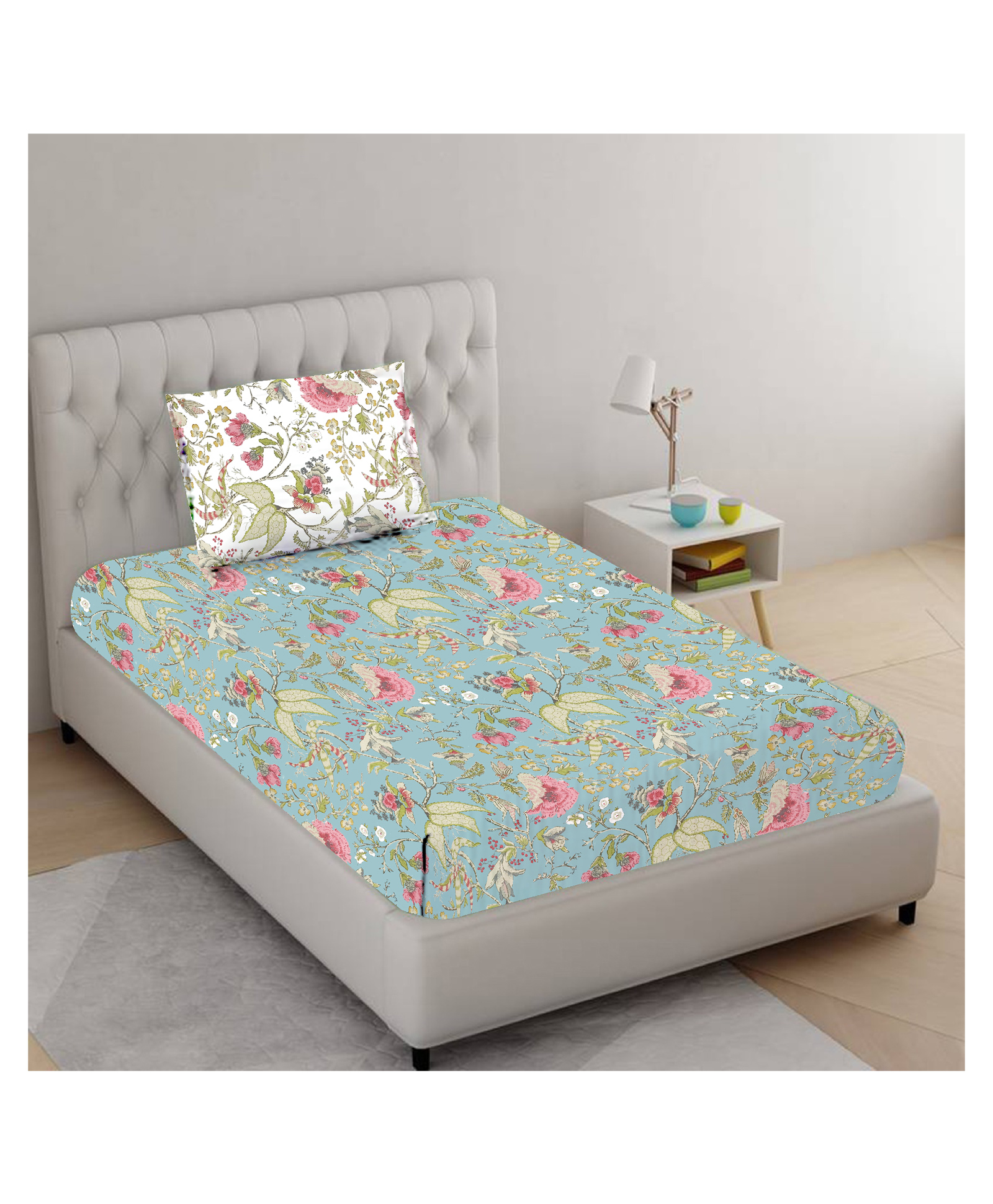 Trance Home Linen Soft Pure Cotton Single Flat Bedsheet with 1 Pillow Cover- Calicut Green White-picture-4