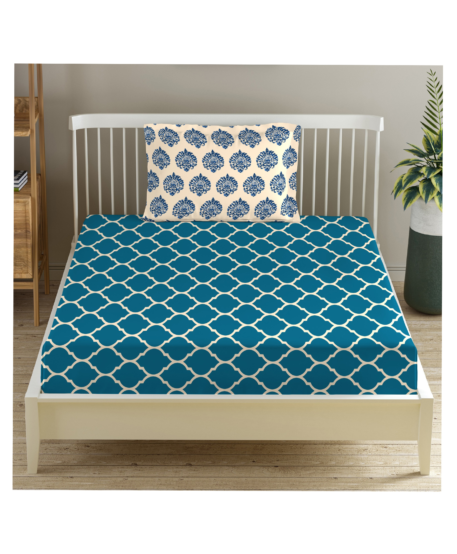 Trance Home Linen Pure Cotton Flat Single Bedsheet with 1 Pillow Cover- Dori & Damask Blue-picture-13