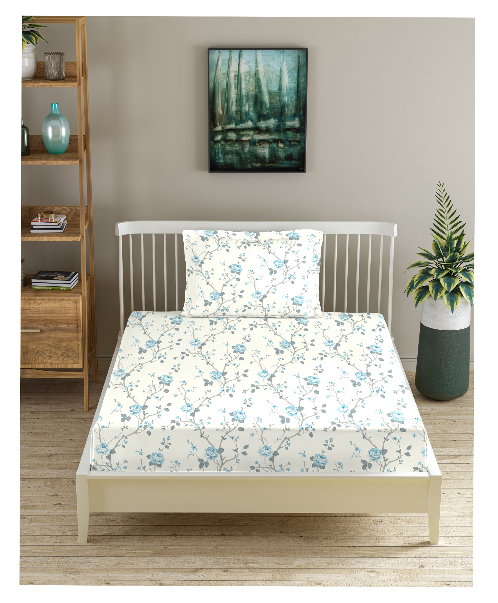 Trance Home Linen Pure Cotton Flat Single Bedsheet with 1 Pillow Cover- Aster Blue-picture-24