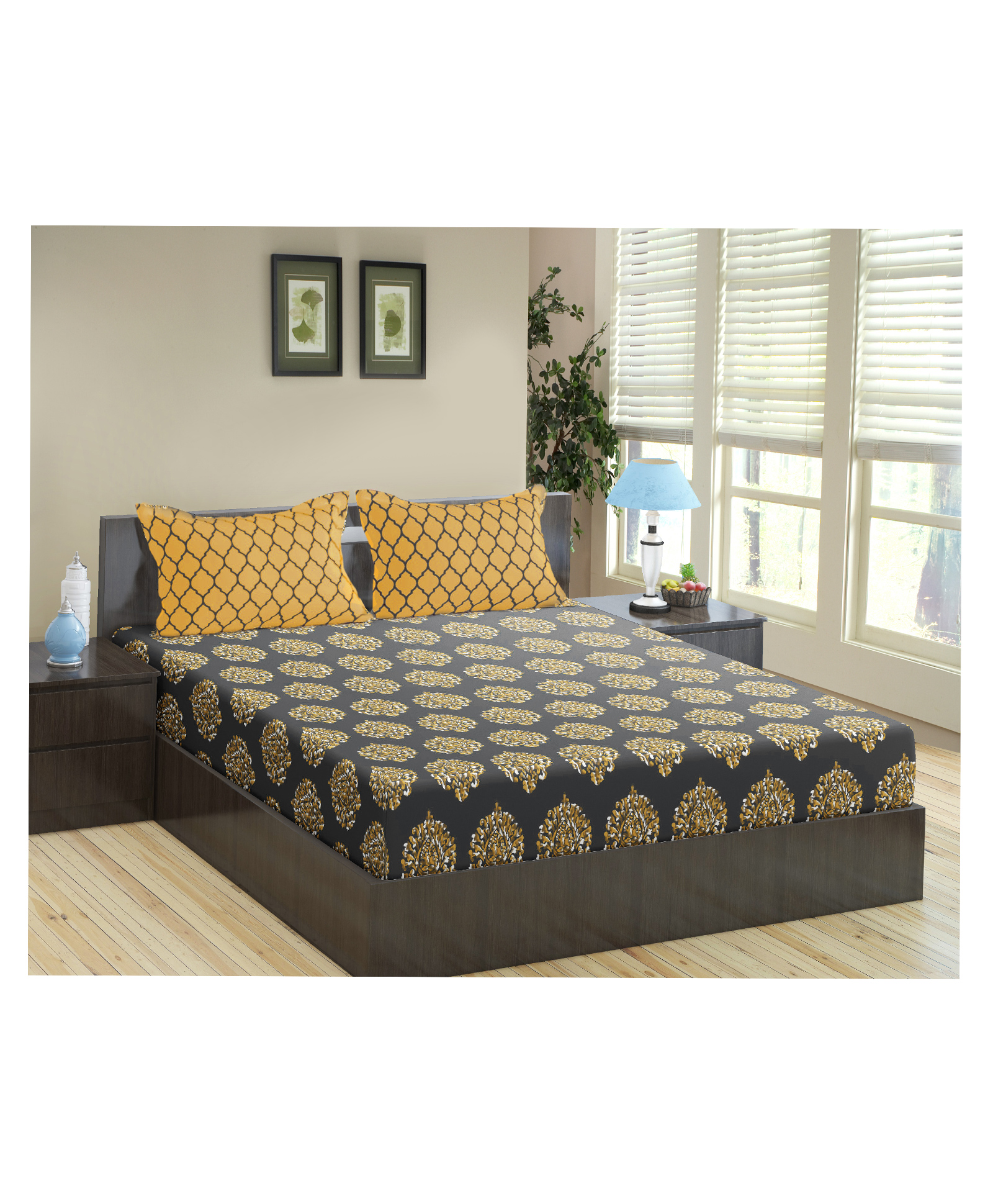 Trance Home Linen Soft Pure Cotton Double Queen Flat Bedsheet with 2 Pillow Cover- Damask & Dori Warm Grey Mustard-picture-17