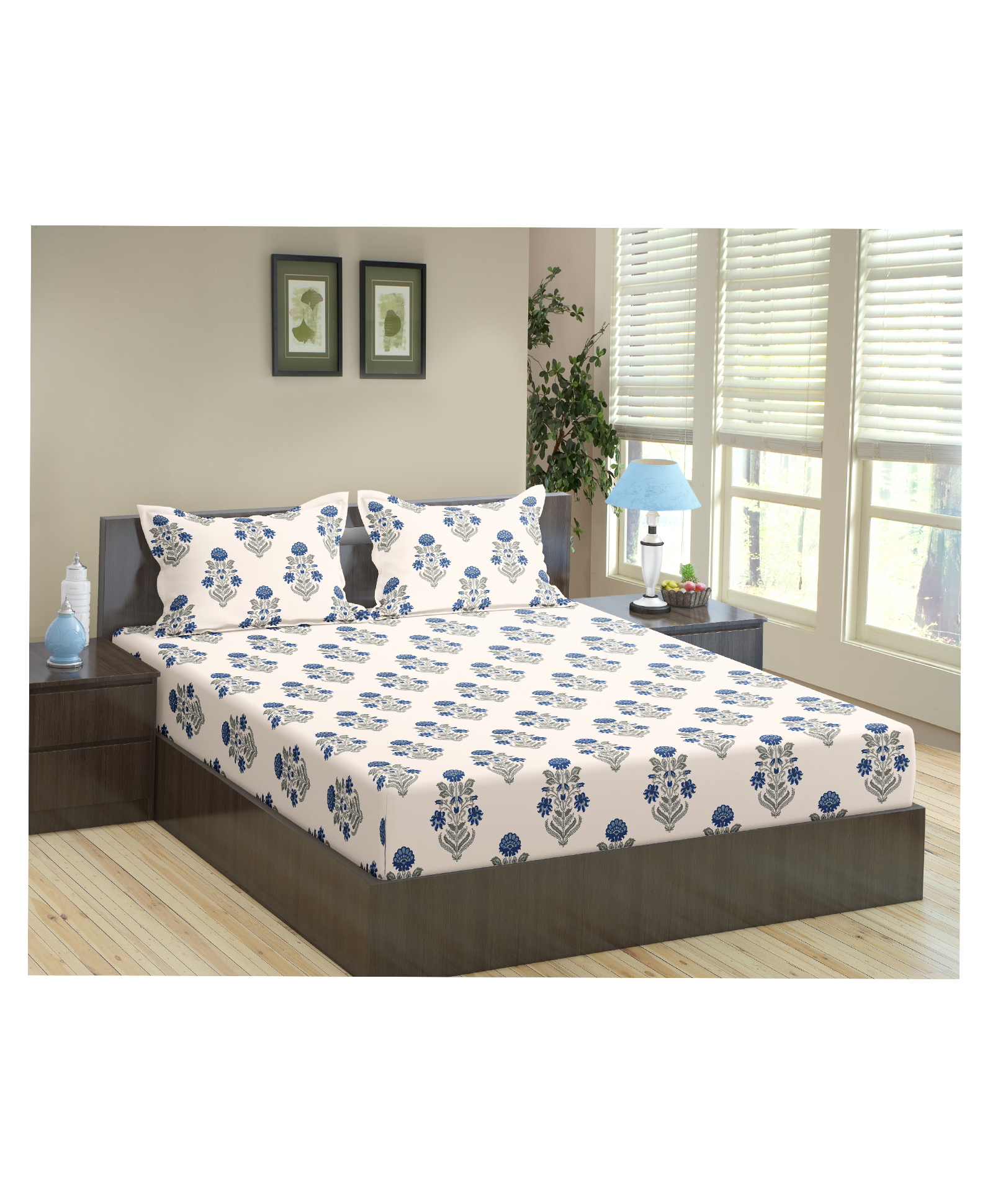 Trance Home Linen Soft Pure Cotton Double King Flat Bedsheet with 2 Pillow Cover- Aangan Blue-picture-11