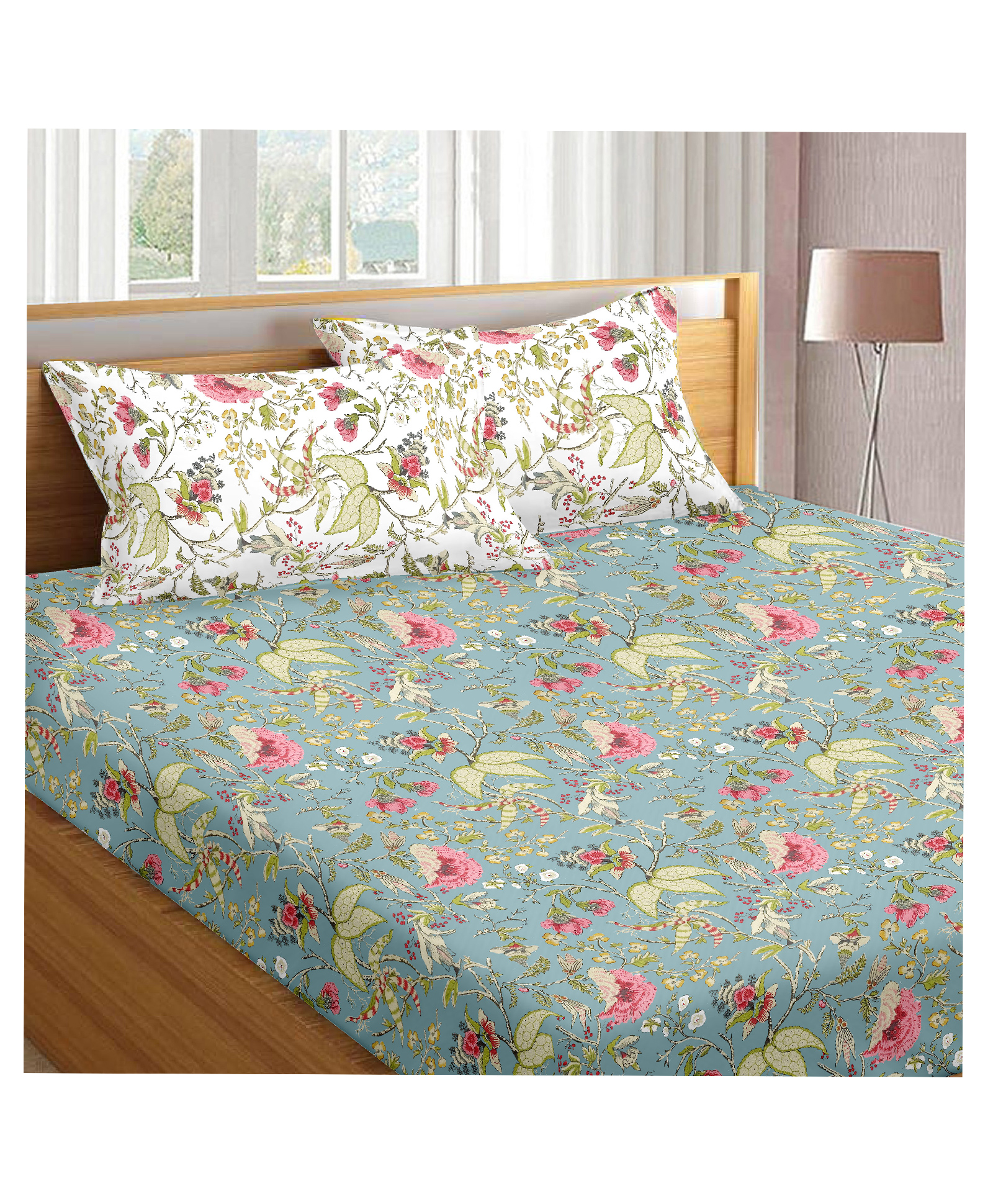 Trance Home Linen Soft Pure Cotton Double King Flat Bedsheet with 2 Pillow Cover- Calicut Green White-picture-8