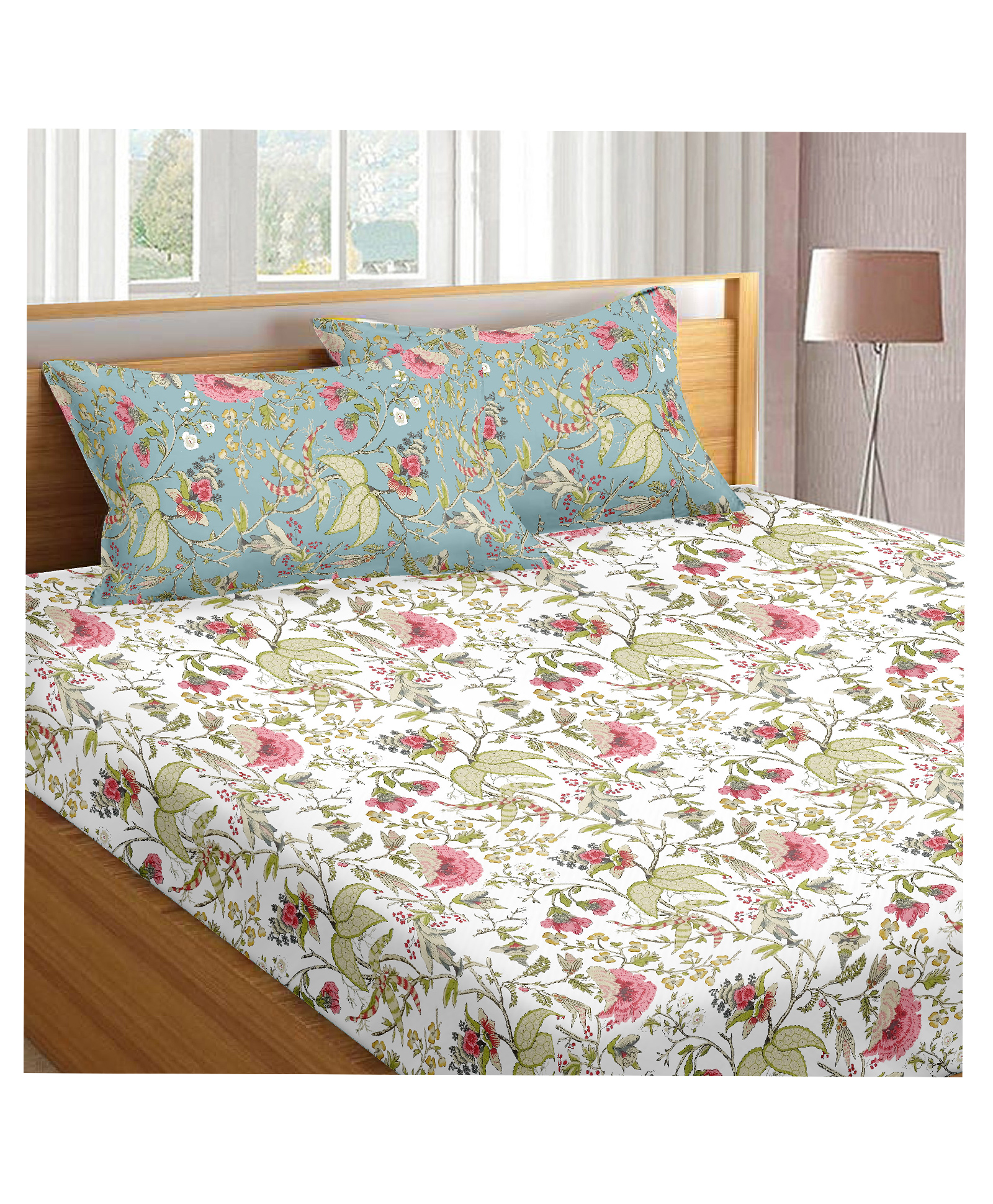 Trance Home Linen Soft Pure Cotton Double King Flat Bedsheet with 2 Pillow Cover- Calicut White Green-picture-44