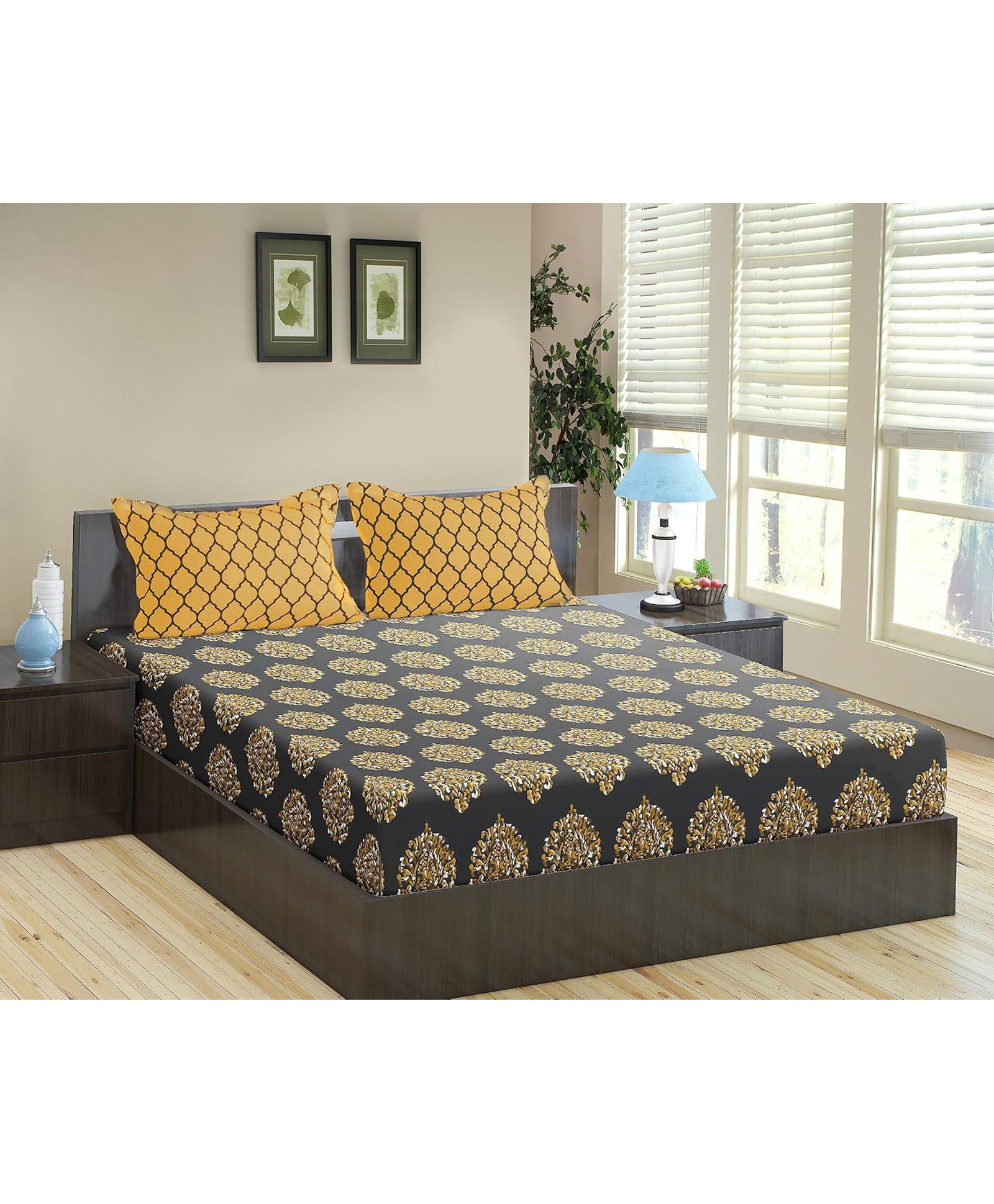 Trance Home Linen Soft Pure Cotton Double King Flat Bedsheet with 2 Pillow Cover-Damask & Dori Warm Grey Mustard-picture-4
