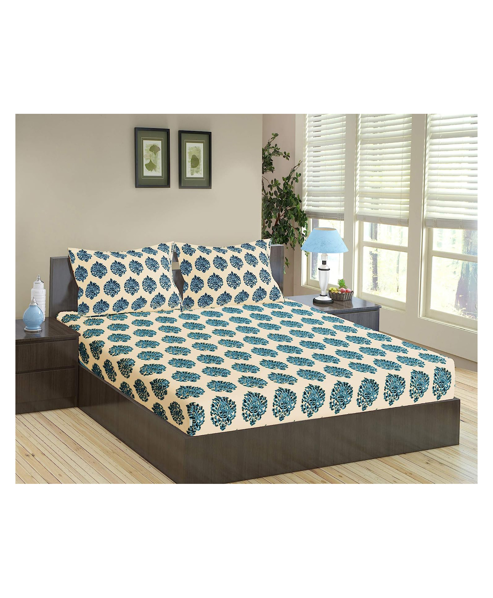 Trance Home Linen Soft Pure Cotton Double King Flat Bedsheet with 2 Pillow Cover- Damask Blue-picture-25