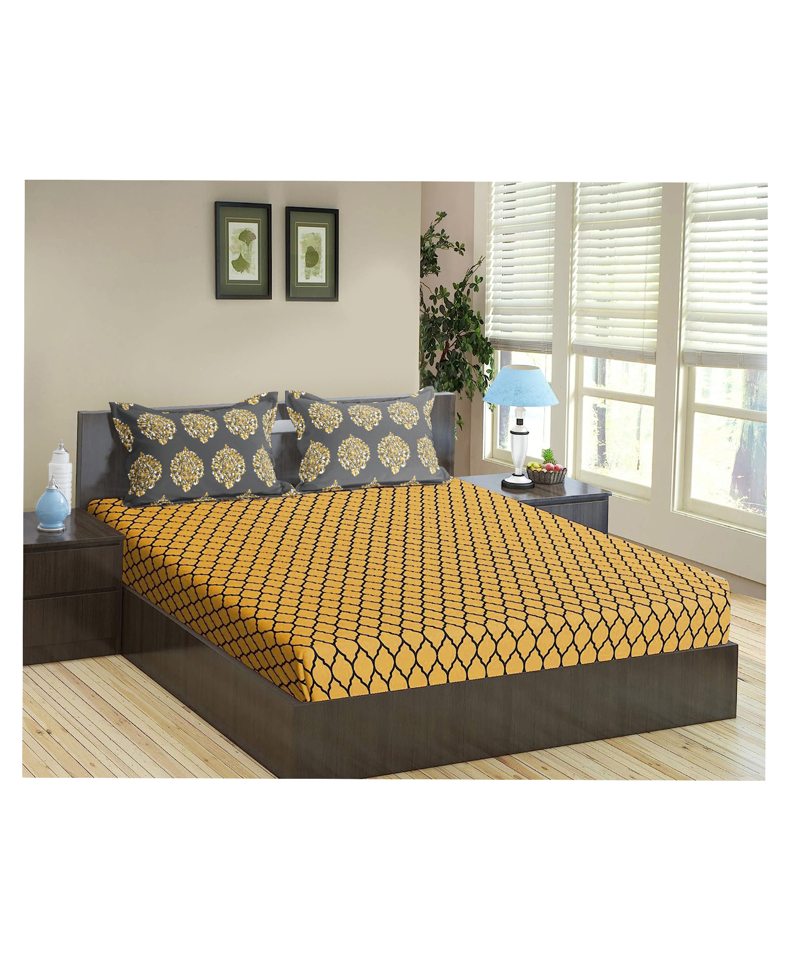 Trance Home Linen Soft Pure Cotton Double King Flat Bedsheet with 2 Pillow Cover-  Dori & Damask Wrm Grey Mustard-image-26