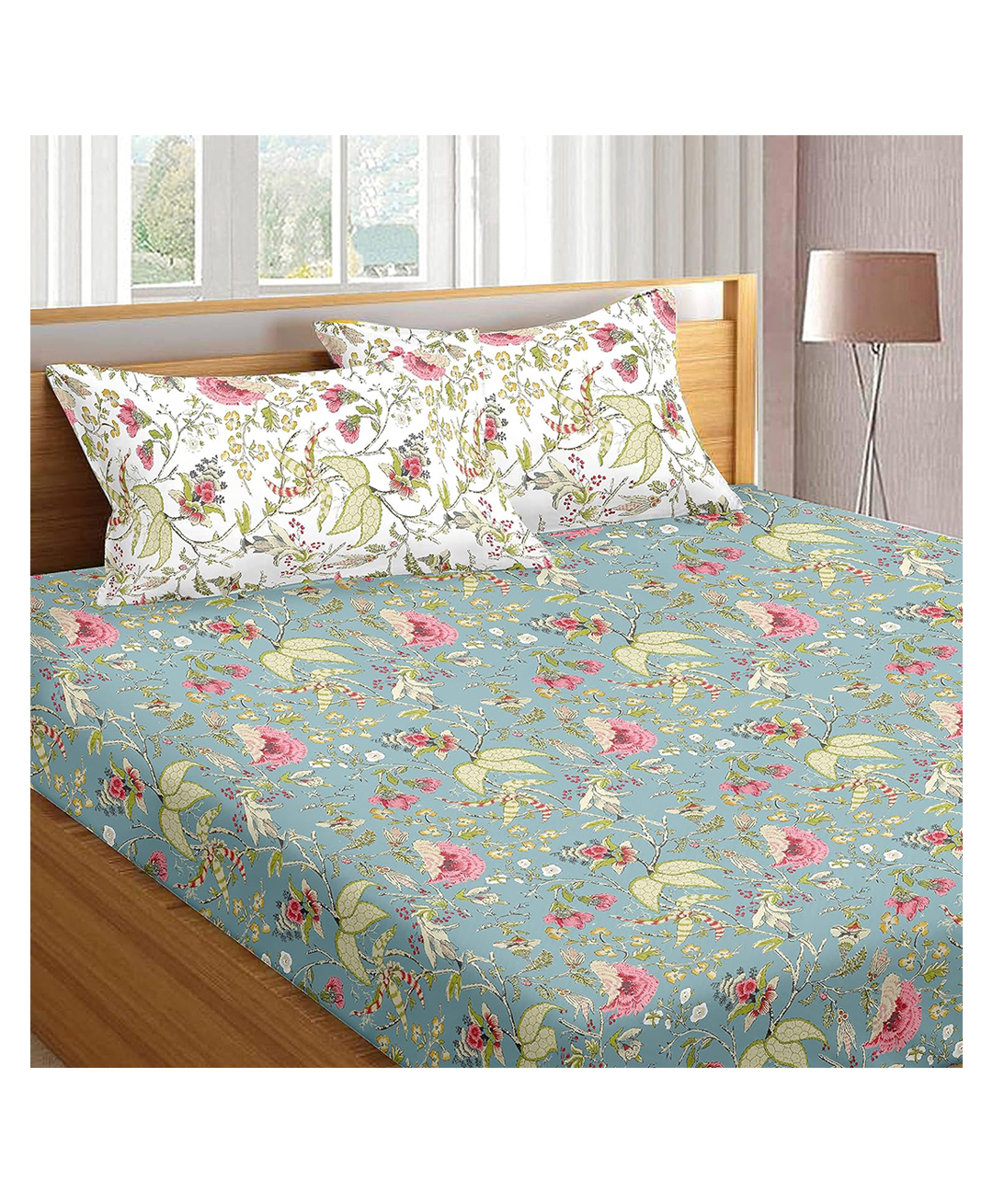 Trance Home Linen Floral Print Cotton Double Queen Elastic Fitted Bedsheet 78 x 60 Inch- Calicut Green White-picture-30