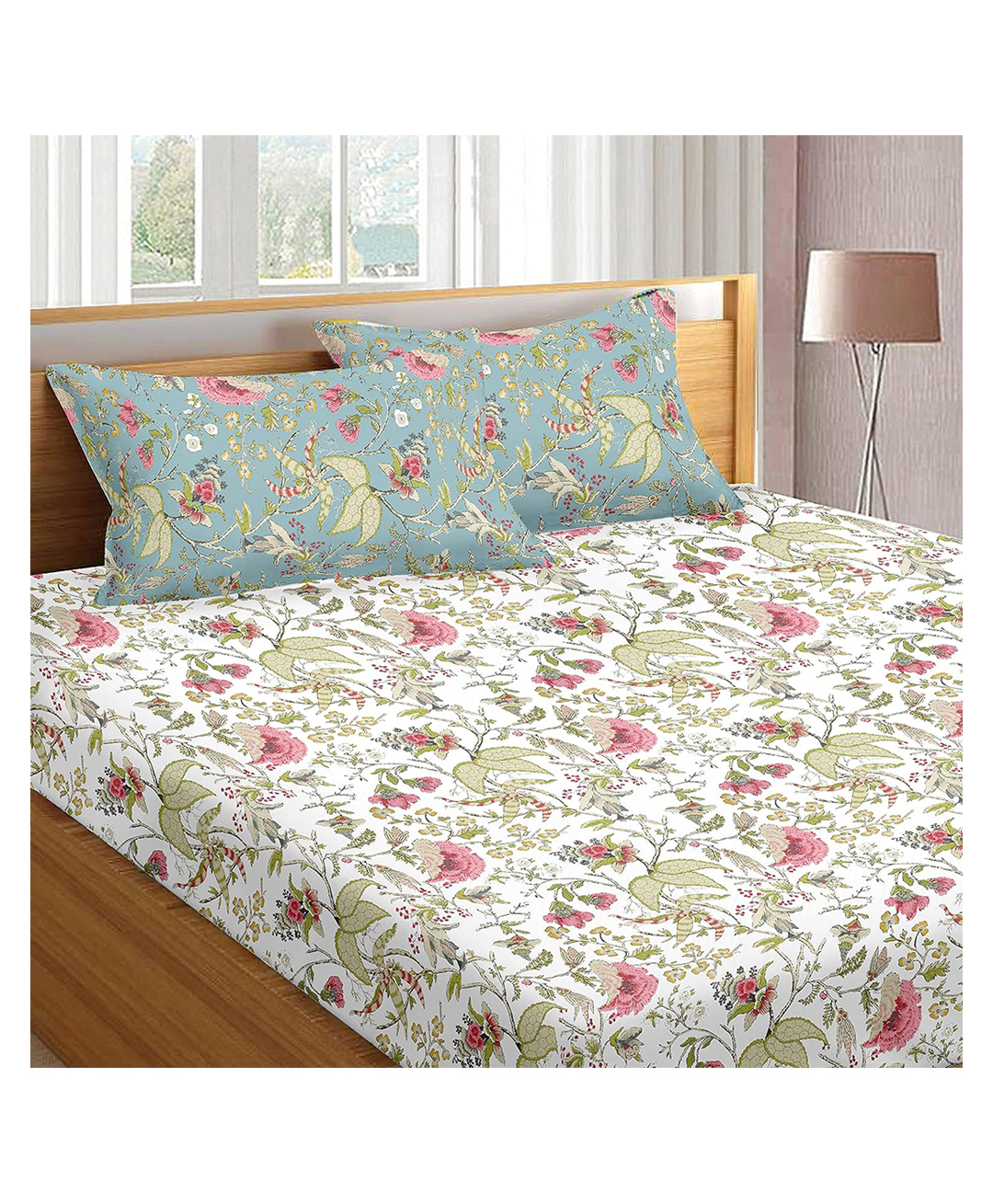 Trance Home Linen Floral Print Pure Cotton Double Queen Elastic Fitted Bedsheet 78 x 60 Inch- Calicut White Green-picture-17