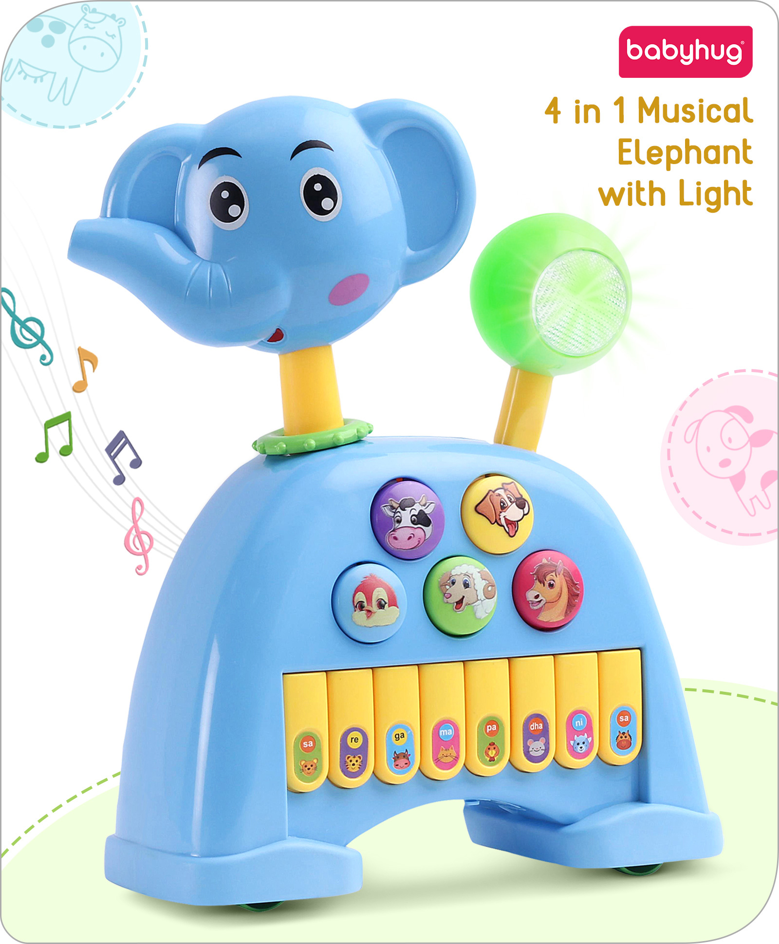 Babyhug Musical Light & Sound Elephant Piano with 5 Modes of Animal Sound - Blue