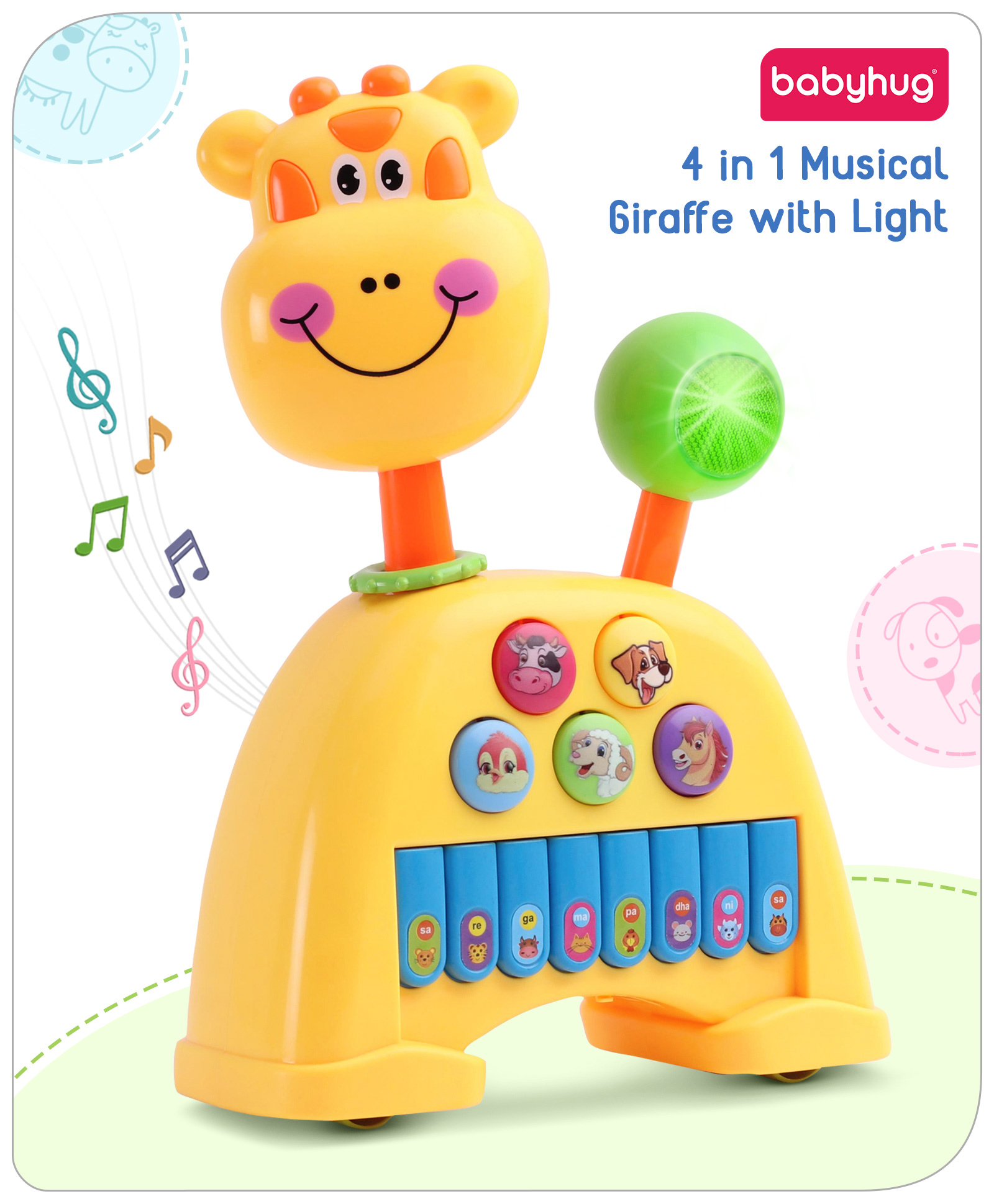Babyhug Musical Light & Sound Giraffe Piano with 5 Modes of Animal Sound - Yellow
