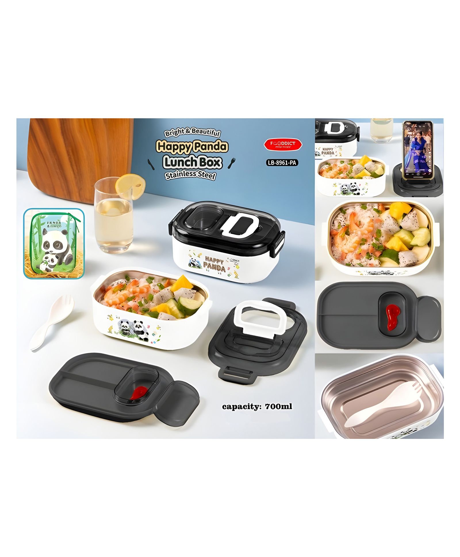 AKN TOYS Insulated Lunch Box Happy Panda Lunch Box Stainless Steel Lunch Box Panda Theme Modern Design Easy To Carry Portable Lunch Box 700 ml With Spoon (COLOR MAY VARY)-picture-45