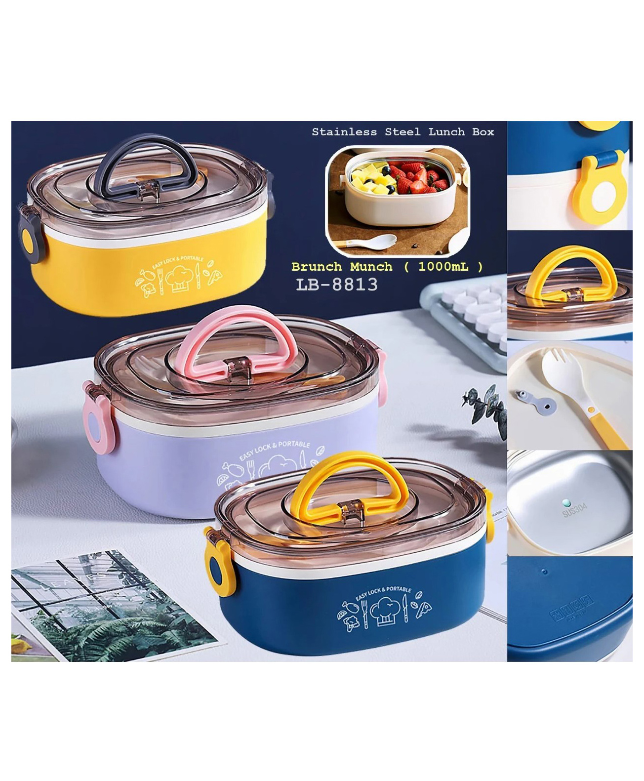 AKN TOYS Insulated Lunch Box Brunch Munch Stainless Steel Lunch Box For Kids Adults Microwaveable Portable Lunch Box 1000 ml Color May Vary-picture-46