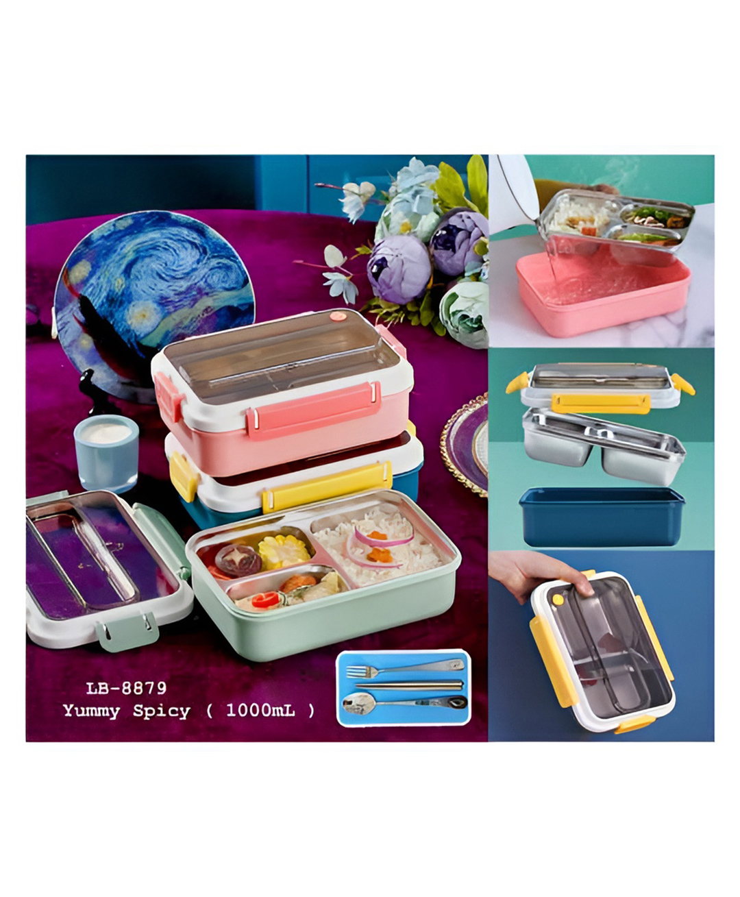 AKN TOYS Insulated Lunch Box Yummy Spicy Three Compartment Insulated Stainless Steel Lunch Box Portable Lunch Box 1000 ml (Pack of 1 Color May Vary)-picture-48
