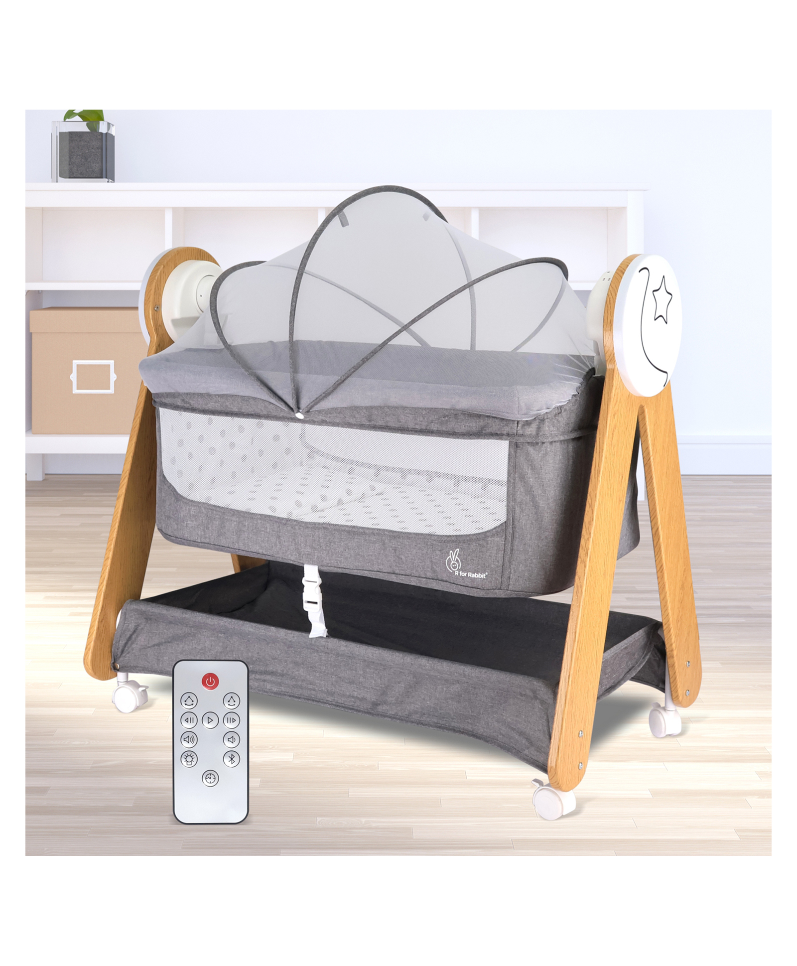 R for Rabbit Lullabies Woodsy Electric Cradle with Automatic Swing  - Grey