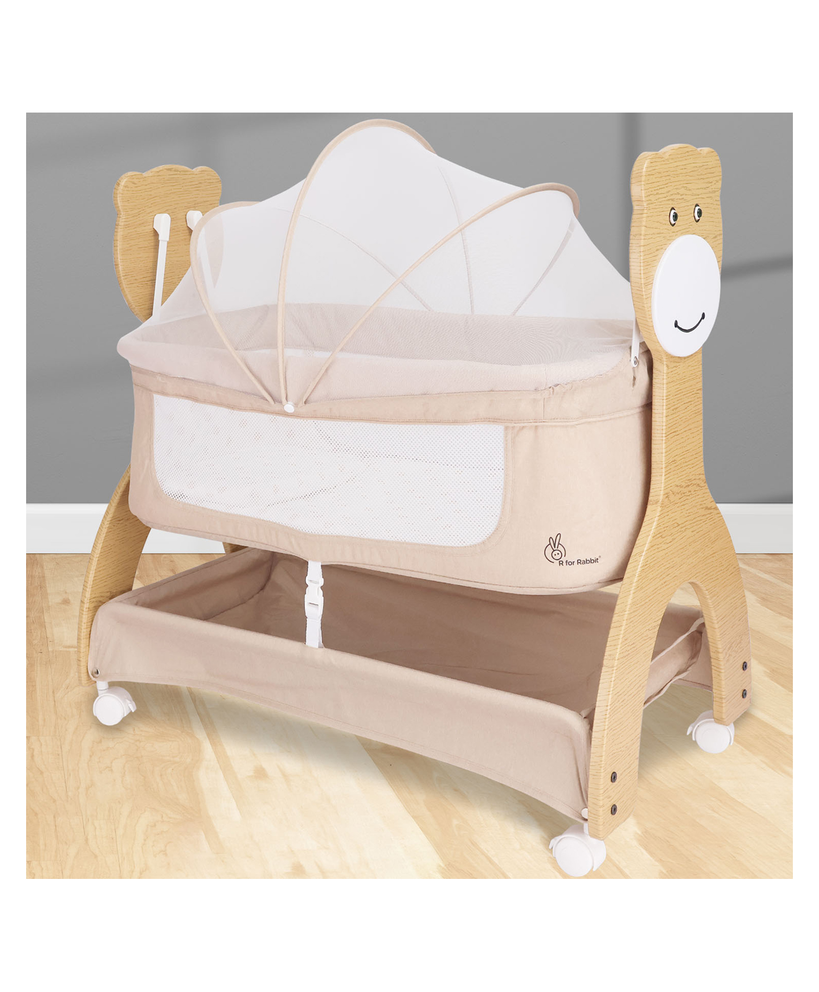 R for Rabbit Lullabies Woodsy Manual Wooden Cradle with Mattress & Mosquito-Beige