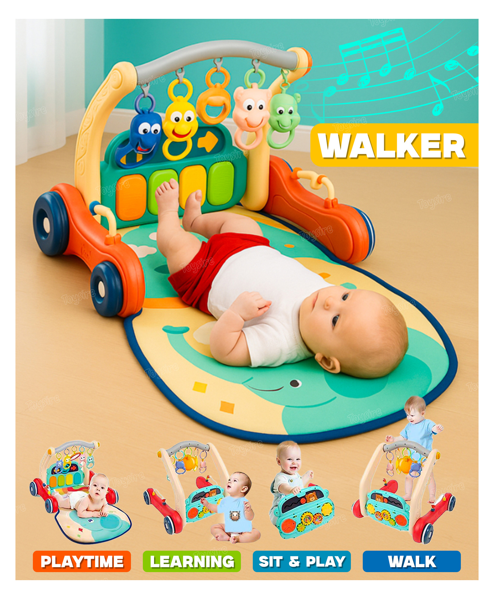Toysire Musical Baby Play Gym 2 in 1  Convertible Push Walker with Play Piano, Lights, Rattles & Tummy Time Mat for Babies (Multicolour)