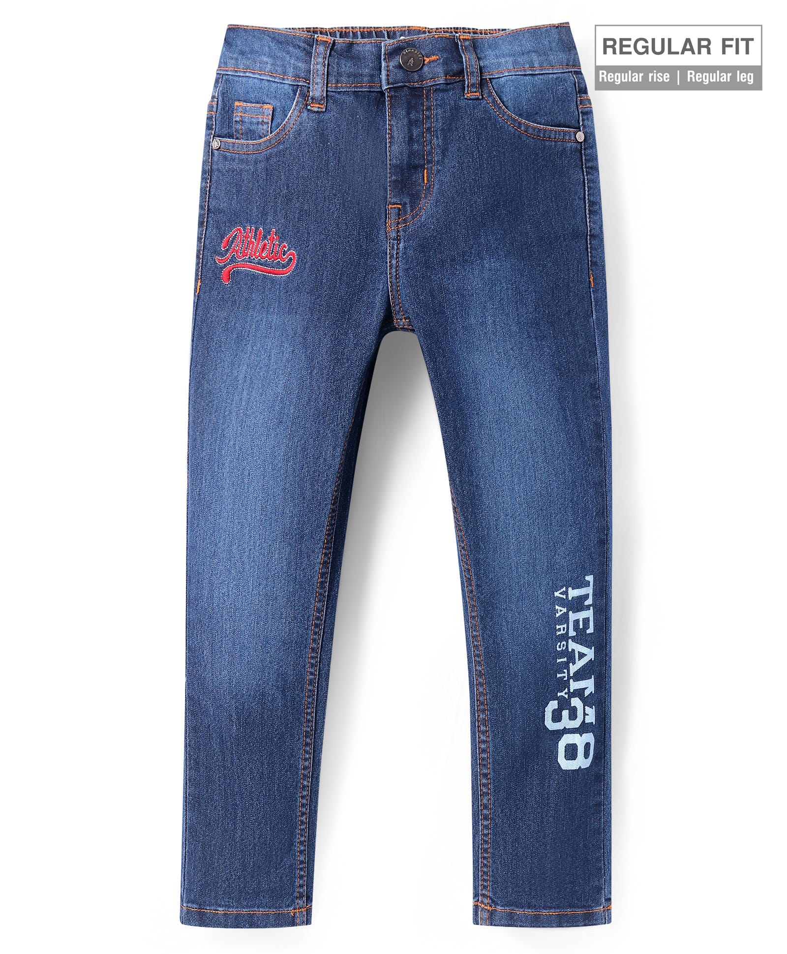 Pine Kids WovenFull Length Washed Denim Jeans with Text Embroidery & Print - Blue-picture-23