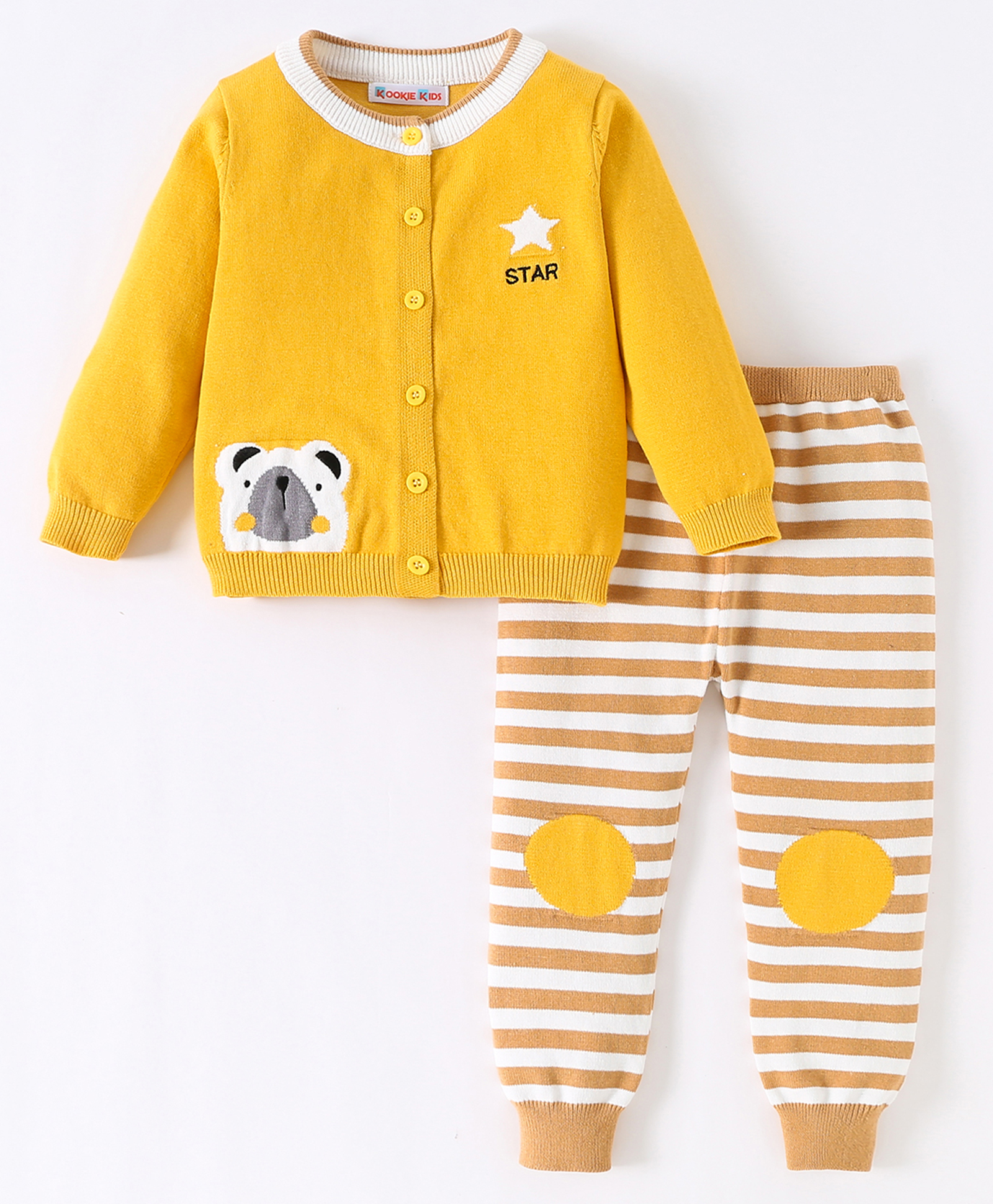 Kookie Kids Knit Full Sleeves Front Open Striped Sweater Set with Panda Design - Yellow-image-13