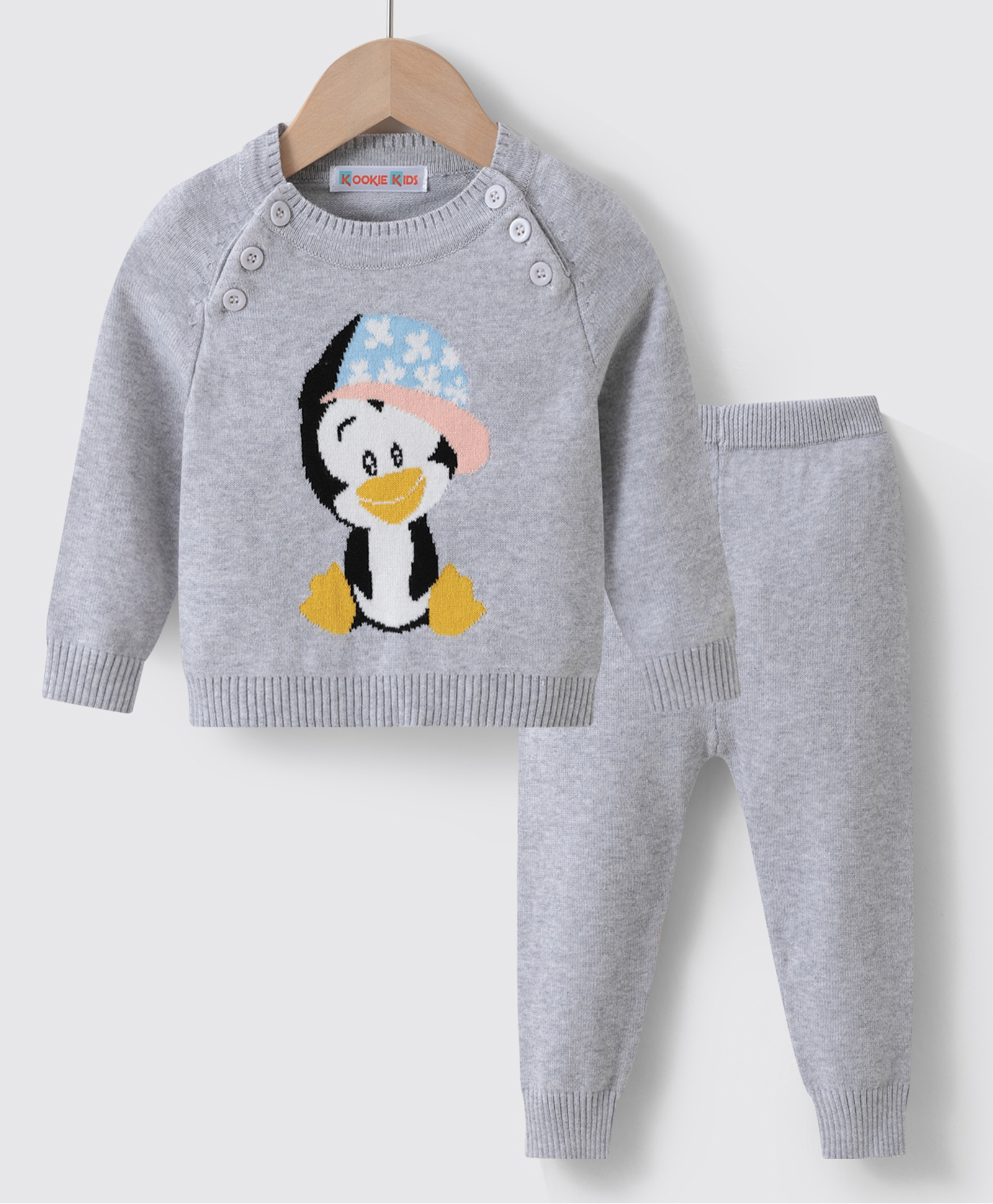 Kookie Kids Full Sleeves Pullover Raglan Sleeves Sweater Set With  Penguin Design - Grey-image-32