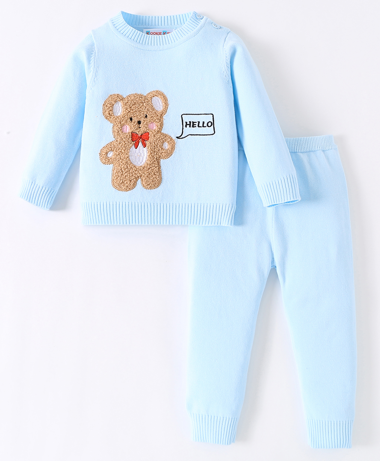Kookie Kids Knit Full Sleeves Pullover Sweater Set Teddy Bear Design - Yellow-image-5
