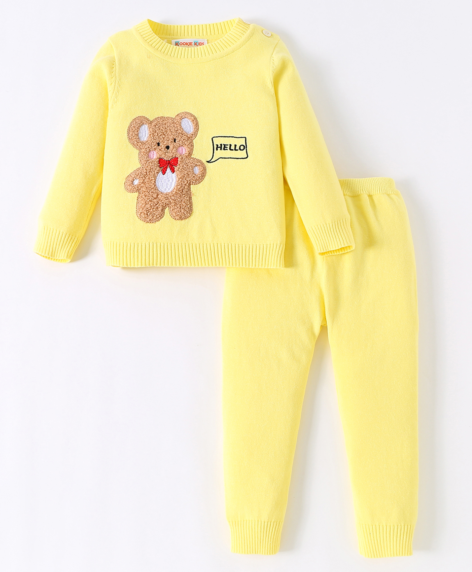 Kookie Kids Knit Full Sleeves Pullover Sweater Set Teddy Bear Design - Yellow-image-14