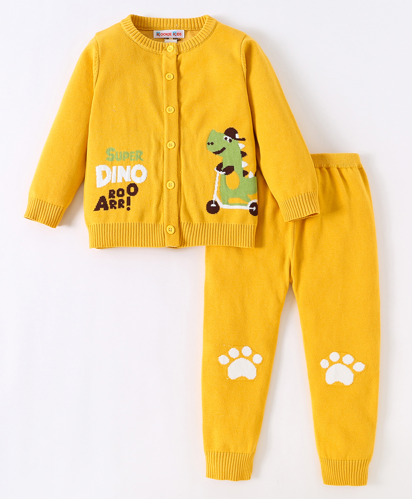 Kookie Kids Cotton Knit Full Sleeves Front Open Sweater Set With Dino Design - Yellow-picture-22