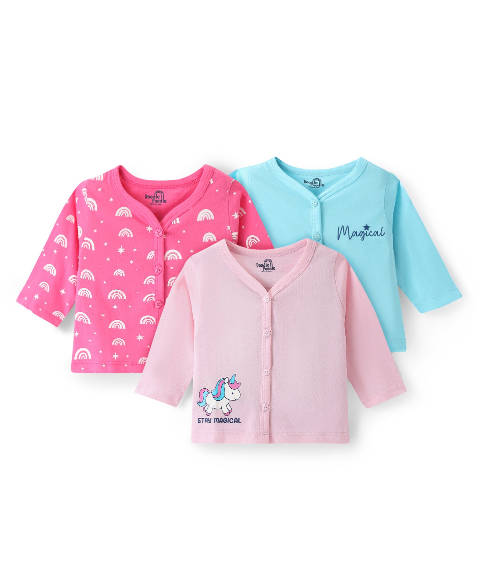 Doodle Poodle 100% Cotton Knit Full Sleeves Set of Vests with Rainbow & Unicorn Print Pack of 3 - Multicolour-image-9