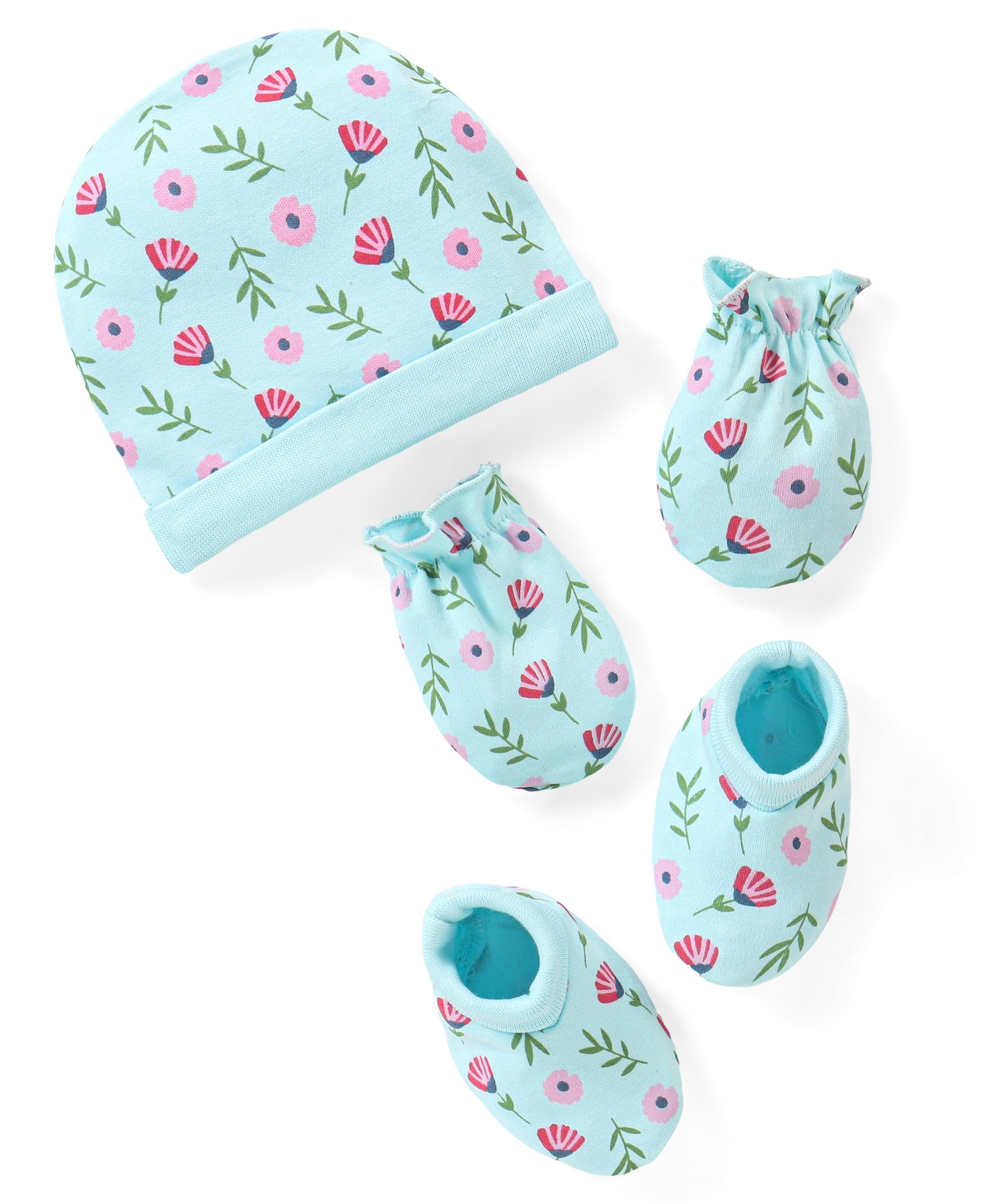 babyhug 100% cotton cap mittens & booties set floral print - blue