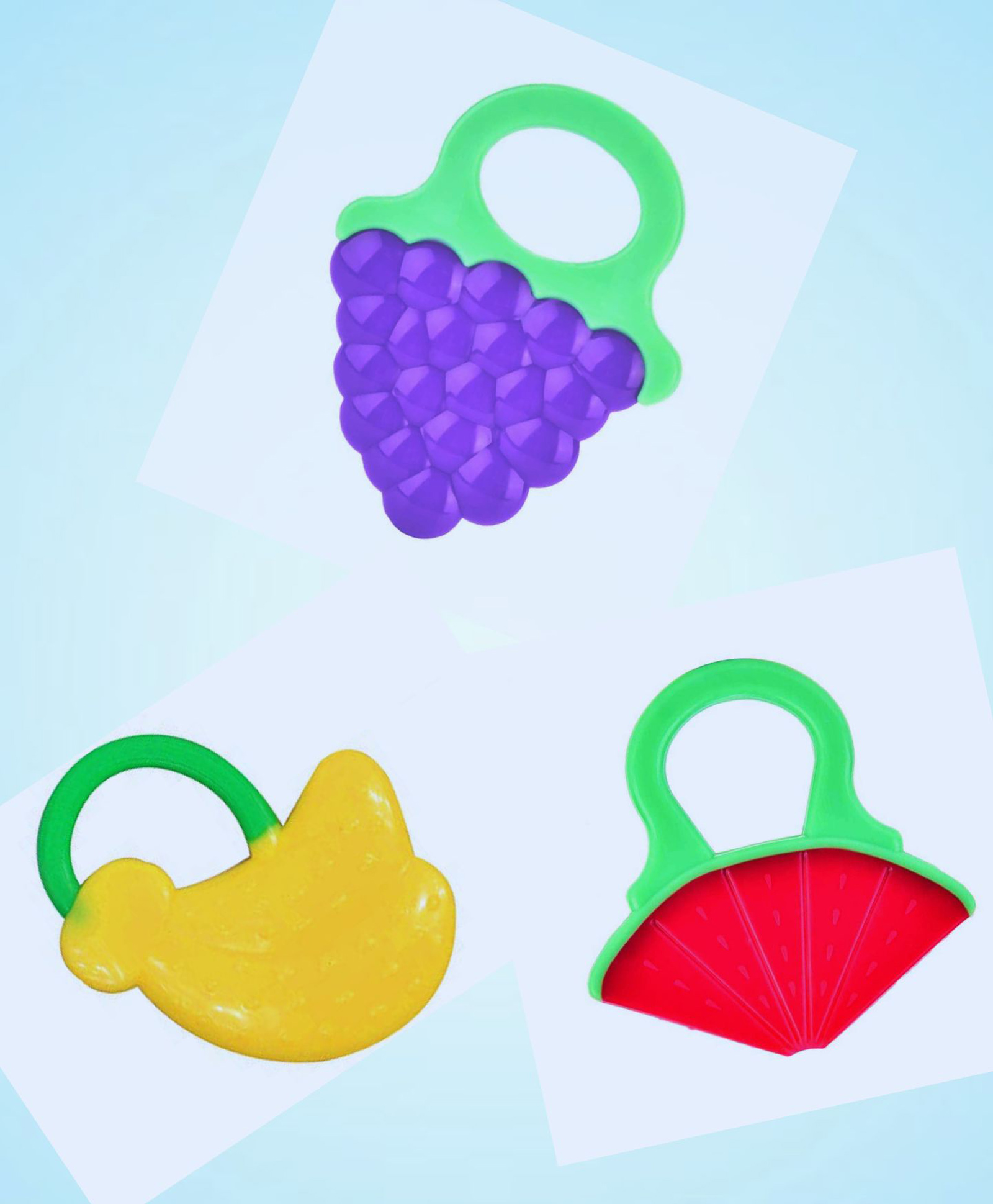 Joy Buzz Non-Toxic Food-Grade Silicone Baby Teether BPA-Free for Pain-Relief Easy Teething Watermelon Banana & Grapes Pack of 3 - Multicolor-picture-10