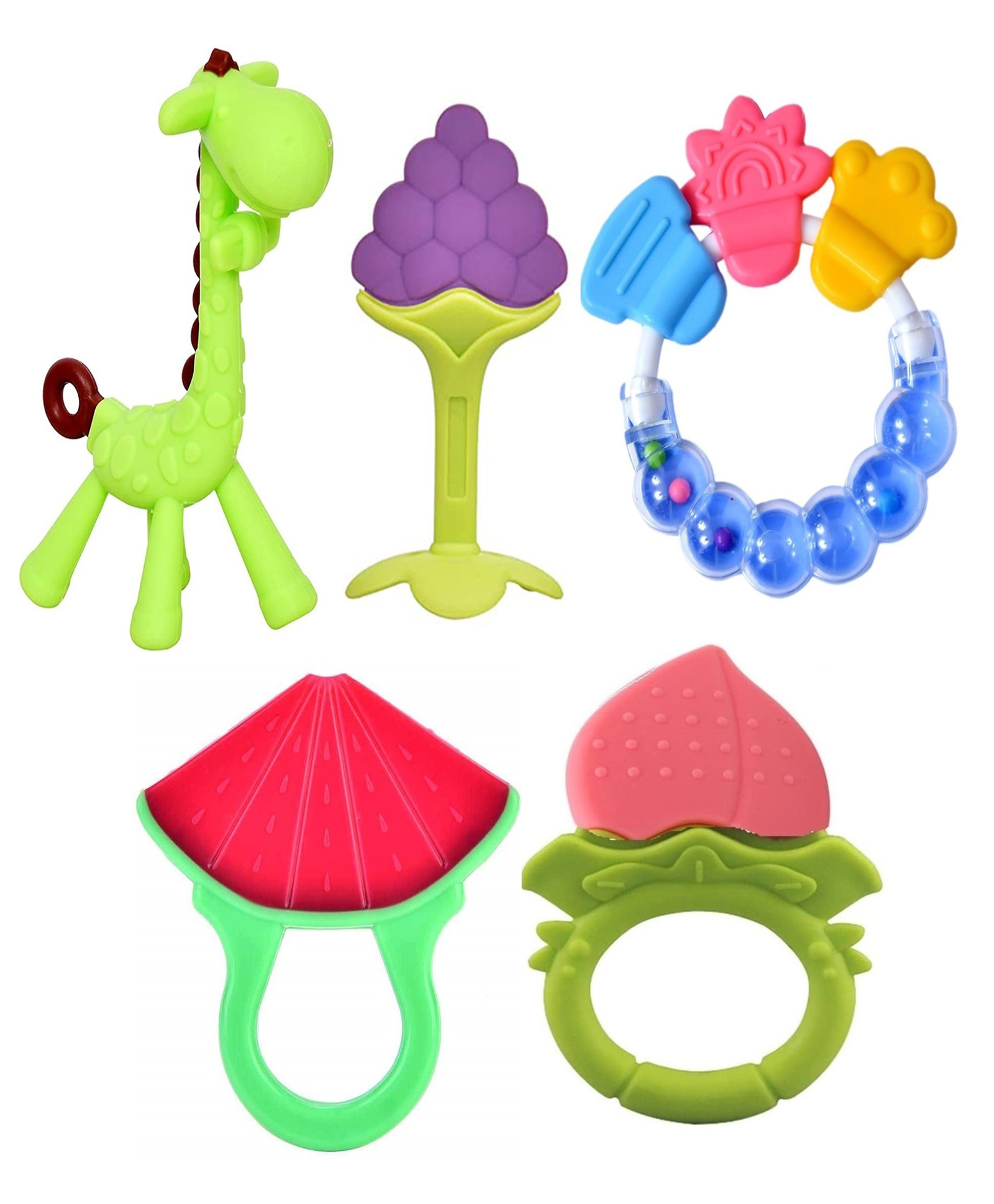 Joy Buzz Baby Silicone Giraffe Rattle & Fruit Teether Combo Pack Of 5 Non Toxic Teething Toys - Multicolor-image-25