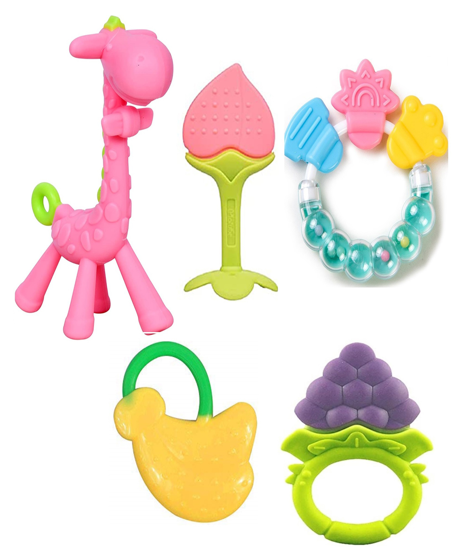 Joy Buzz Baby Silicone Giraffe Rattle & Fruit Teether Combo Pack Of 5 Non Toxic Teething Toys - Multicolor-picture-32