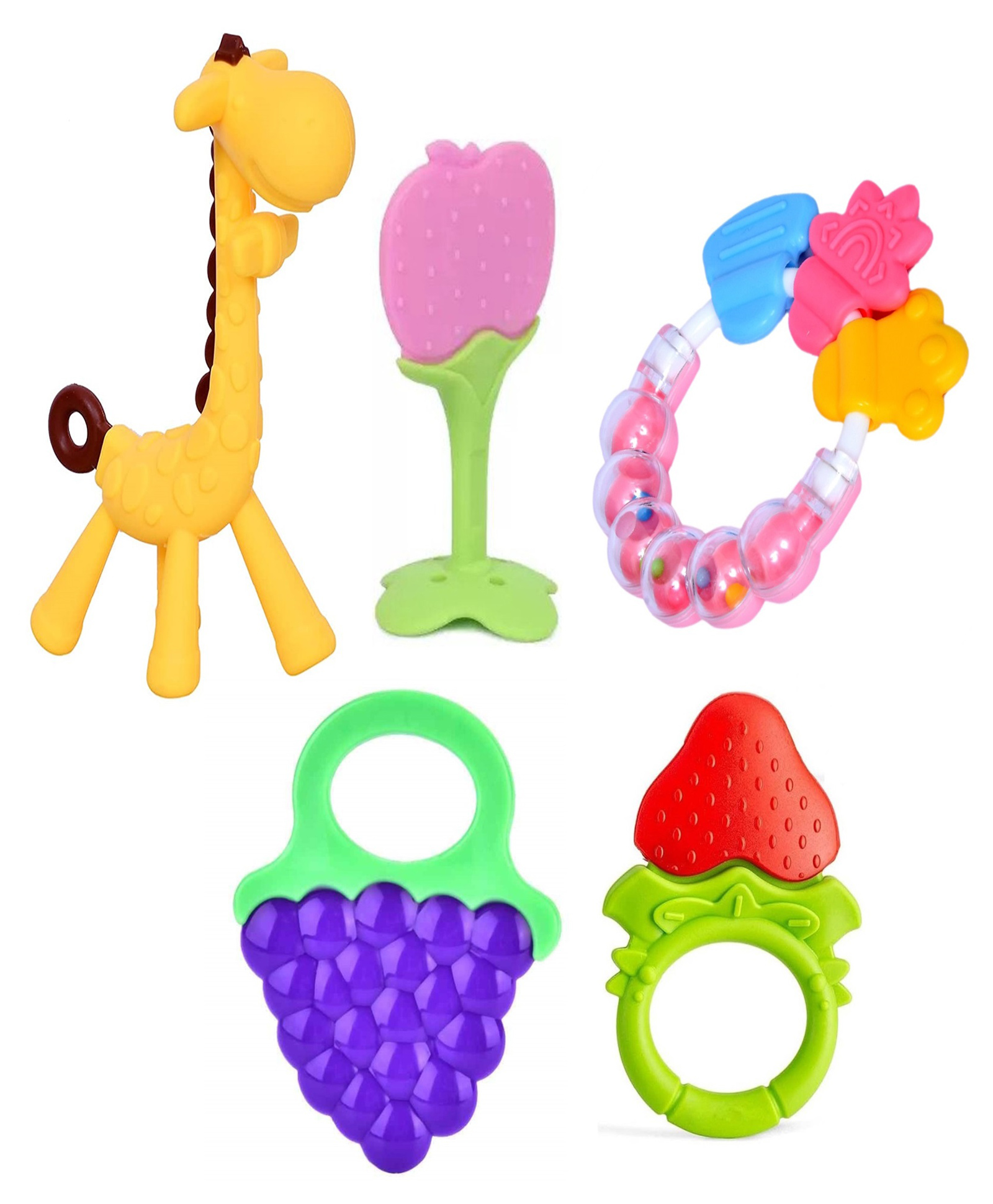 Joy Buzz Baby Silicone Giraffe Rattle & Fruit Teether Combo Pack Of 5 Non Toxic Teething Toys - Multicolor-picture-33