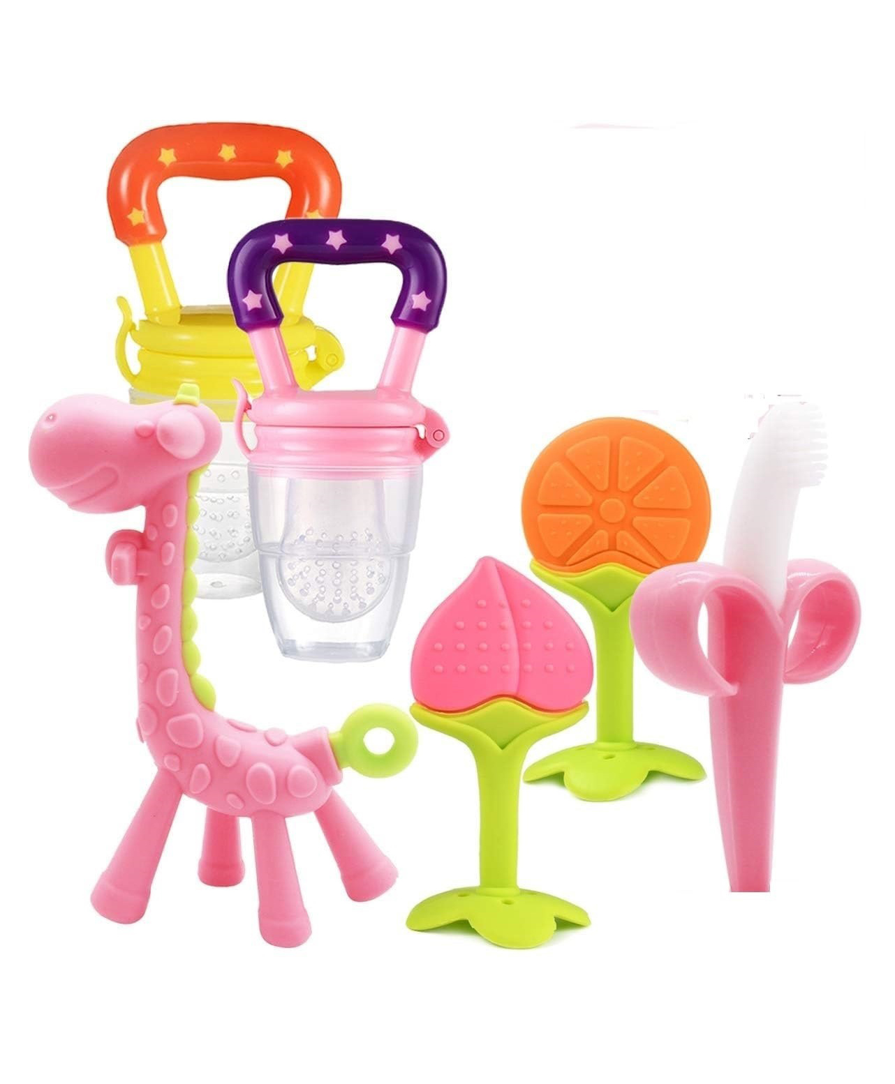 Kritiu Baby Silicone Teether Fruit Nibbler & Toothbrush Combo Pack Of 6 Non Toxic BPA Free Teething Toys - Multicolor-picture-43