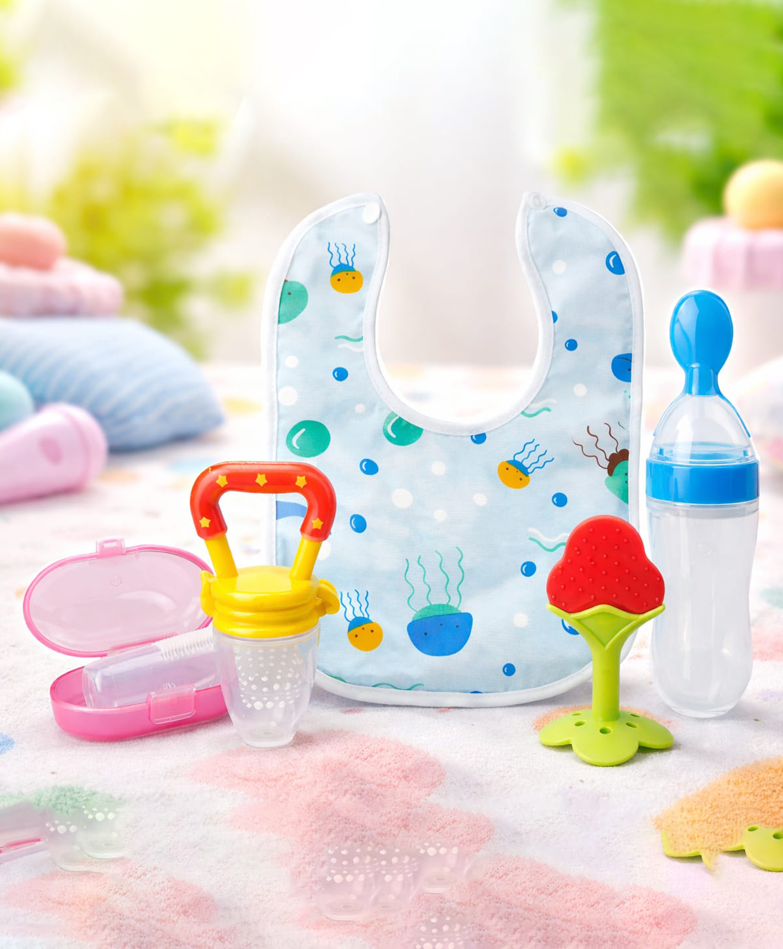 Kritiu Baby Fruit Feeder Pacifier Silicone Baby Food Dispensing Spoon 90 ml Fruit Teether Finger Brush & Baby Bib Combo - Multicolor-picture-14