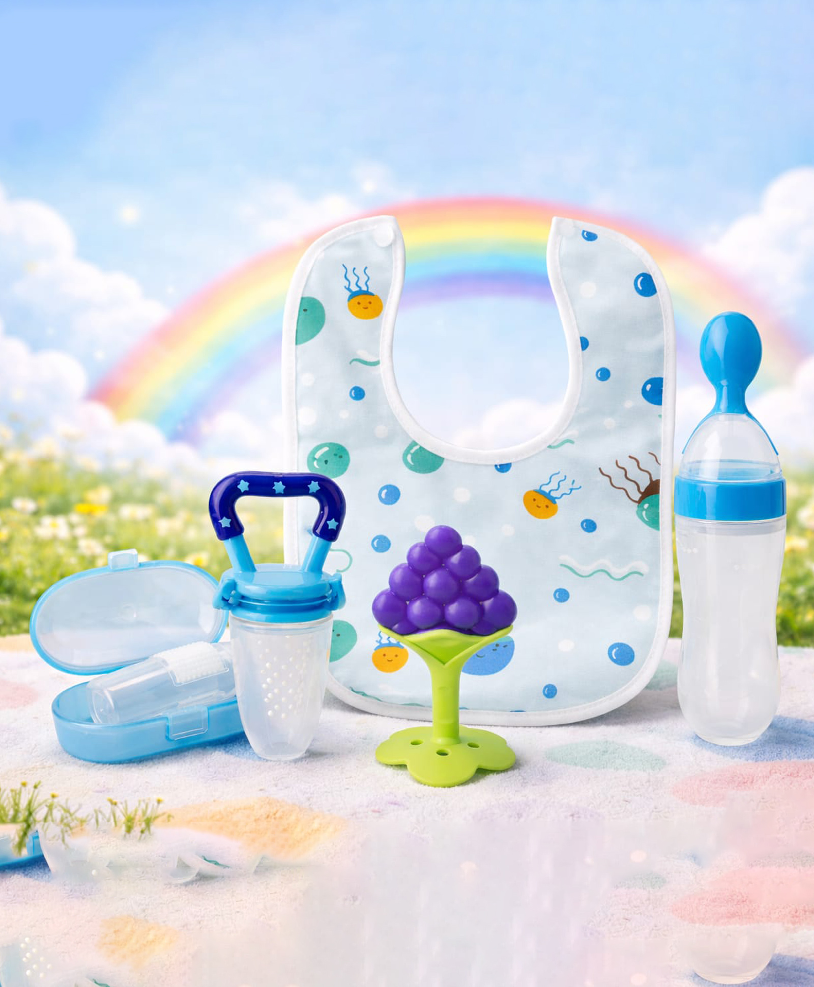 Kritiu Baby Fruit Feeder Pacifier Silicone Baby Food Dispensing Spoon 90 ml Fruit Teether Finger Brush & Baby Bib Combo - Blue-picture-16