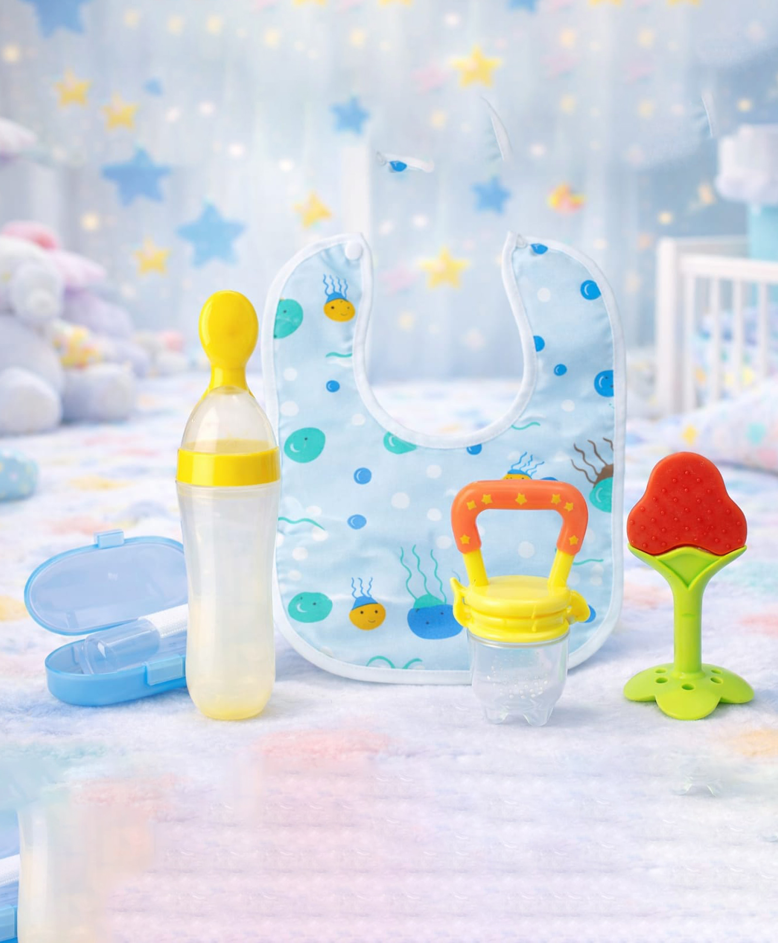 Kritiu Baby Fruit Feeder Pacifier Silicone Baby Food Dispensing Spoon 90 ml Fruit Teether Finger Brush & Baby Bib Combo - Multicolor-picture-37