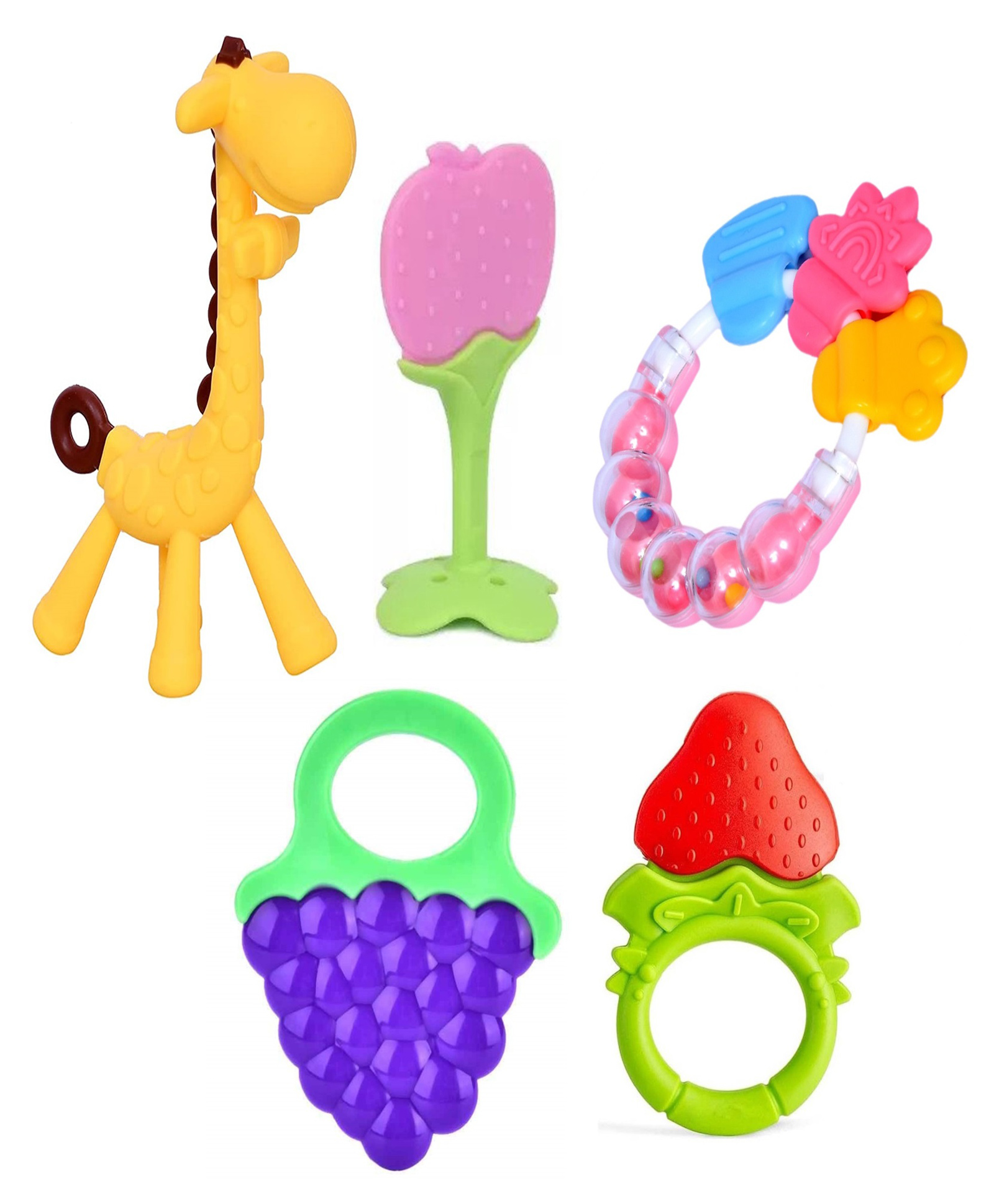 Kritiu Baby Silicone Non Toxic Teether Toy Pack Of 5 - Multicolor-picture-17