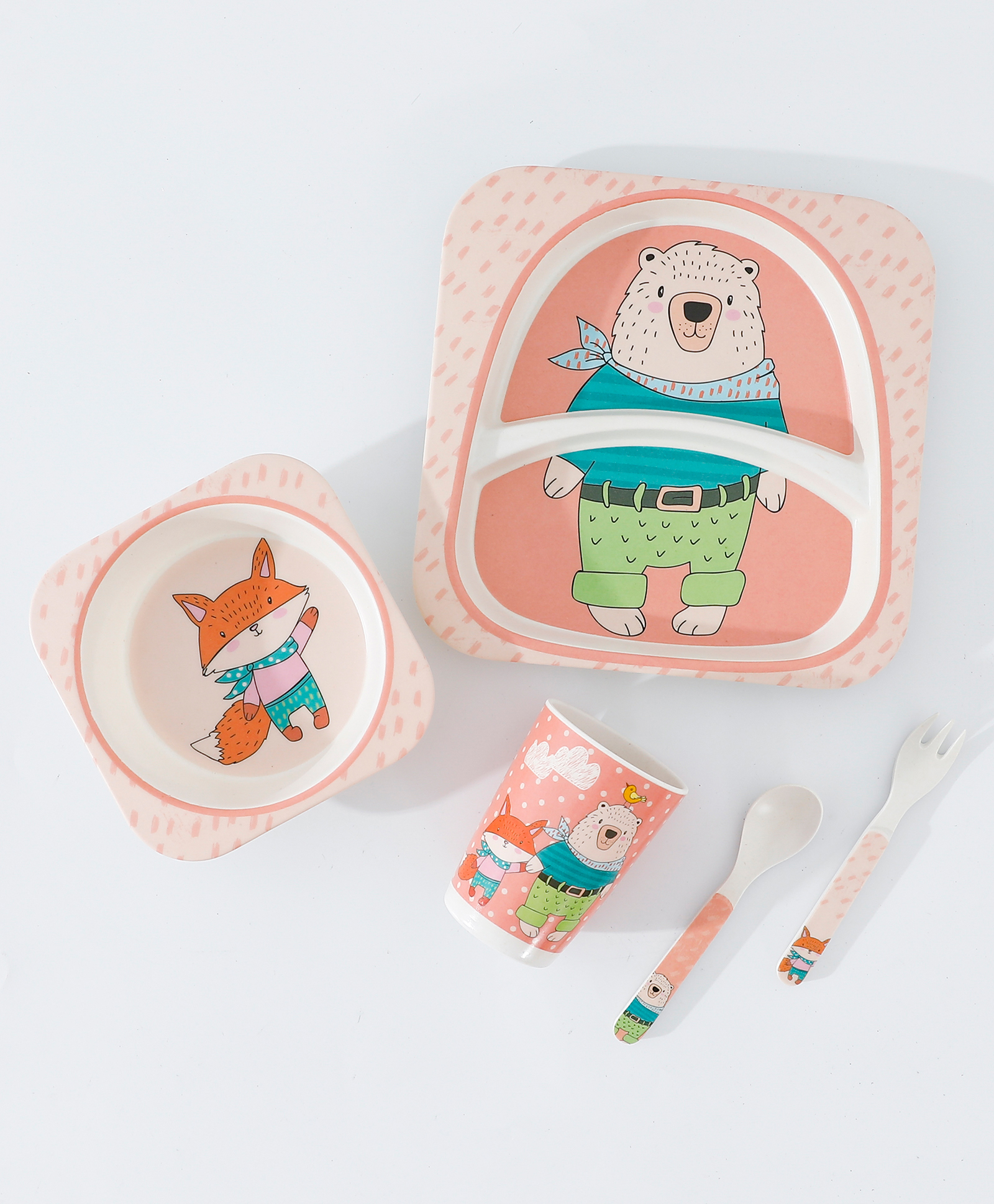 bamboo fiber sectioned feeding set with fox & bear print - peach