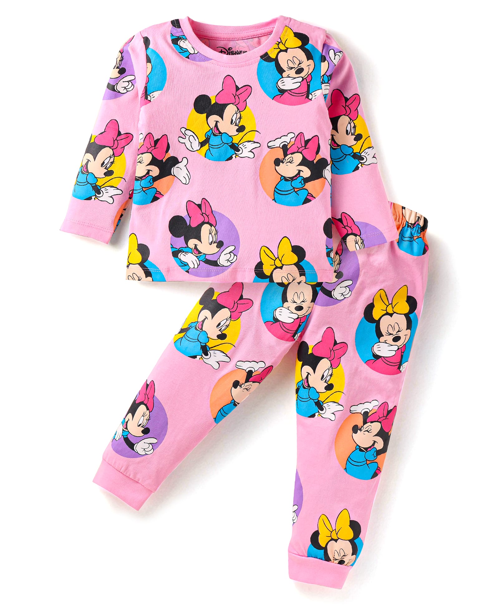 Babyhug Disney Single Jersey Knit Full Sleeves Minnie Mouse Printed Night Suit - Pink-image-25