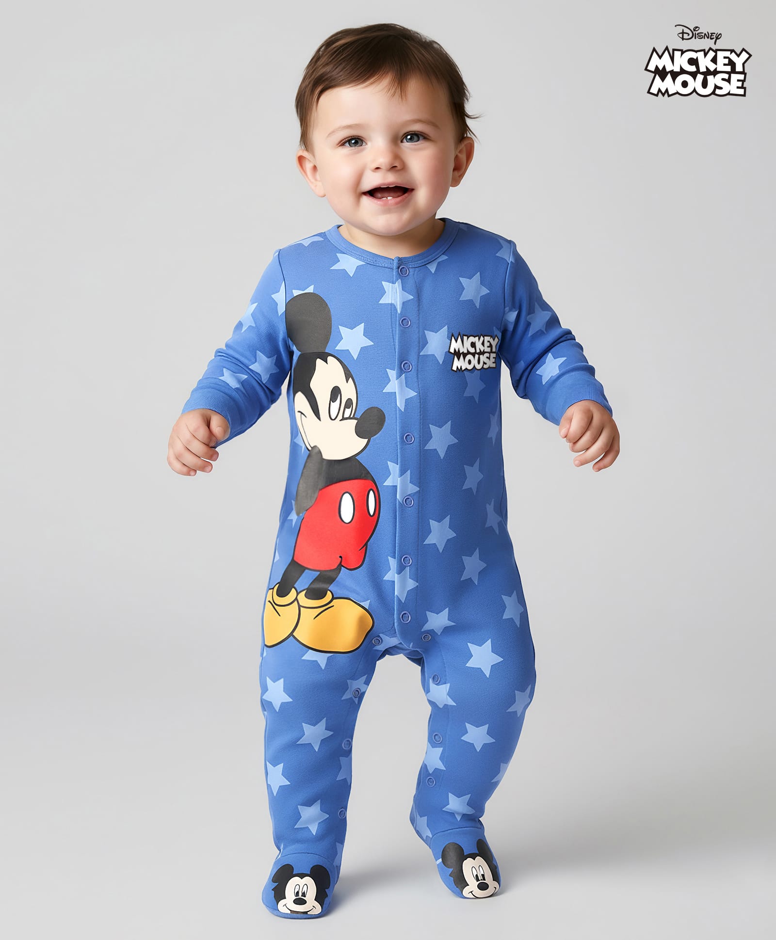 Babyhug Disney Interlock Knit Full Sleeves Footed Sleepsuit with Mickey Mouse Graphics - Blue-image-47