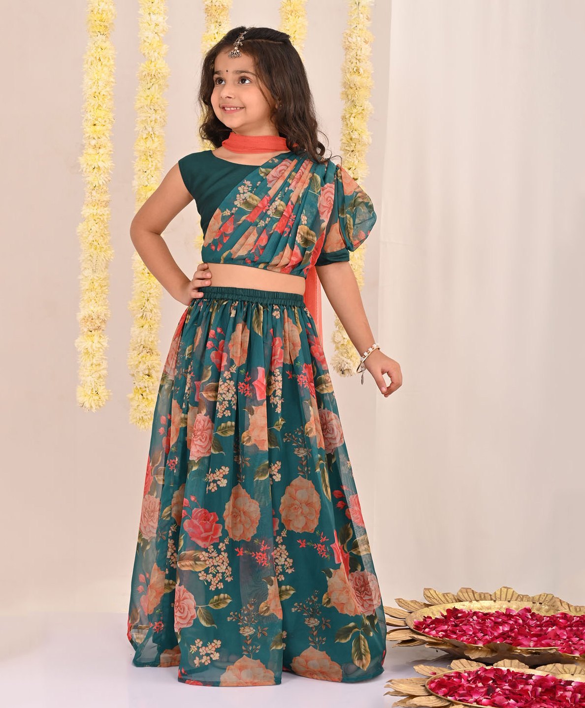 Vastramay One Shoulder Floral Printed  Organza Lehenga Choli With  Dupatta Set - Green-image-25